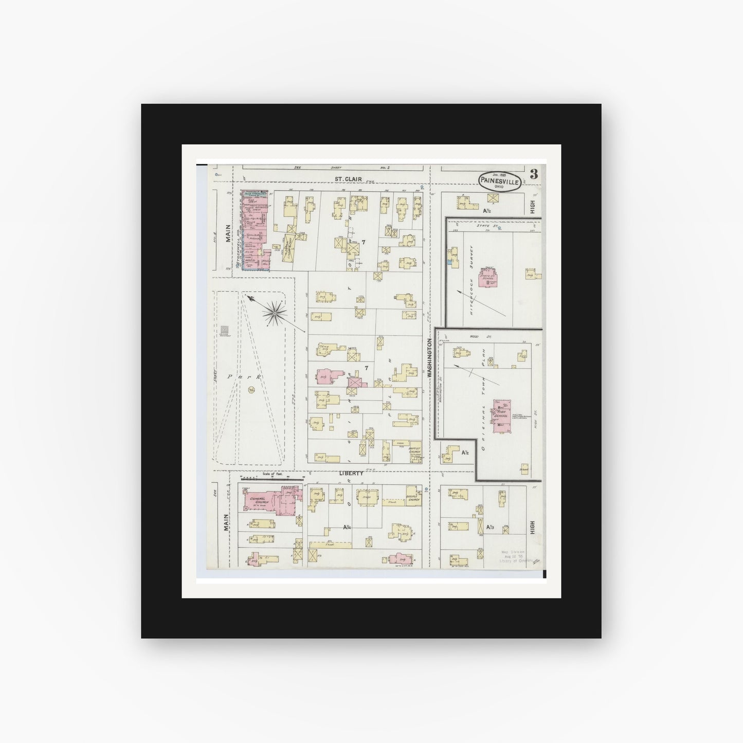 Old map wall art mockup — black gallery frame with white mat — Sanborn Fire Insurance Map from Painesville, Lake County, Ohio (1889), Sheet #0003
