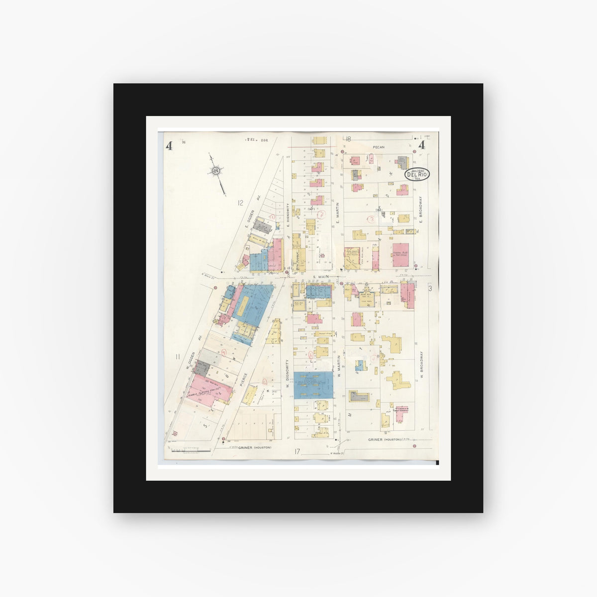 Old map wall art mockup — black gallery frame with white mat — Sanborn Fire Insurance Map from Del Rio, Val Verde County, Texas (1948), Sheet #0004