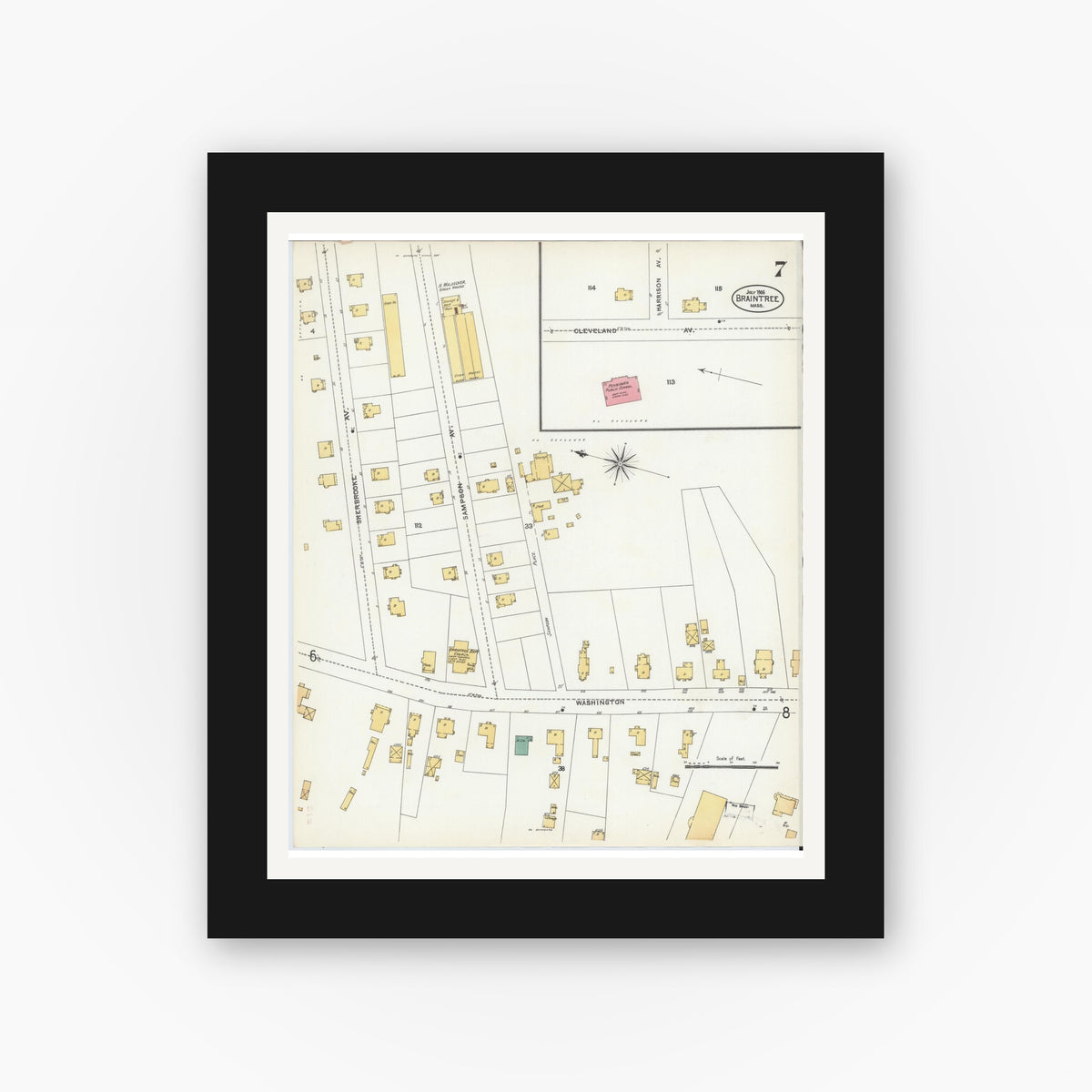 Old map wall art mockup — black gallery frame with white mat — Sanborn Fire Insurance Map from Braintree, Norfolk County, Massachusetts (1906), Sheet #0007