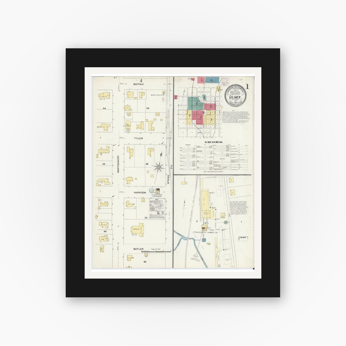 Old map wall art mockup — black gallery frame with white mat — Sanborn Fire Insurance Map from Gilmer, Upshur County, Texas (1907), Sheet #0001