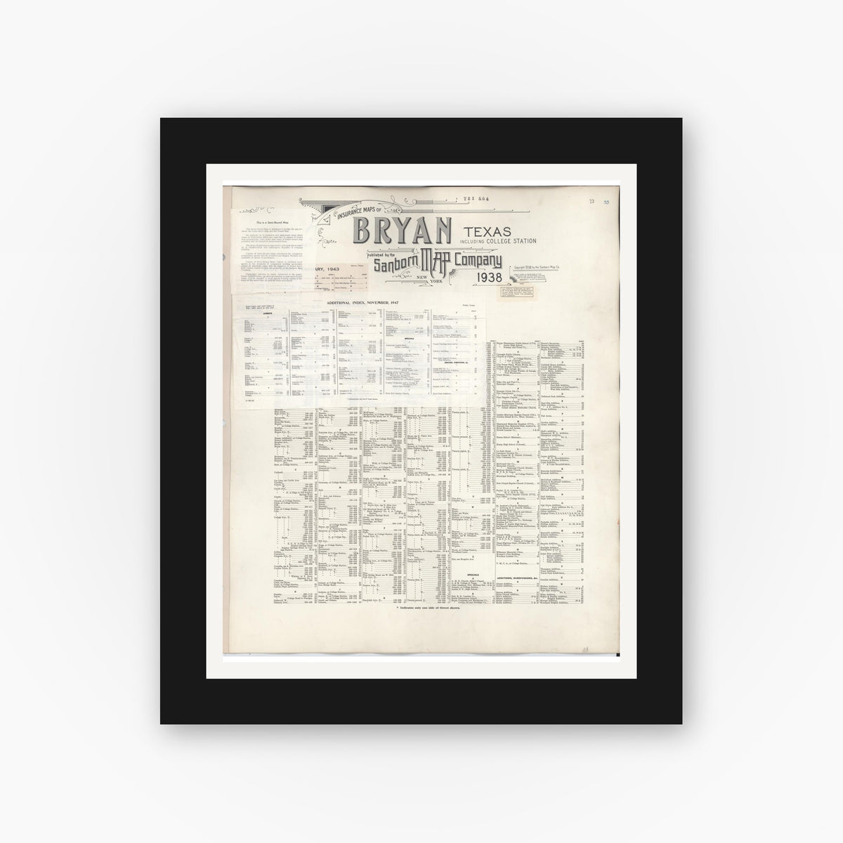 Old map wall art mockup — black gallery frame with white mat — Sanborn Fire Insurance Map from Bryan, Brazos County, Texas (1950), Sheet #0001