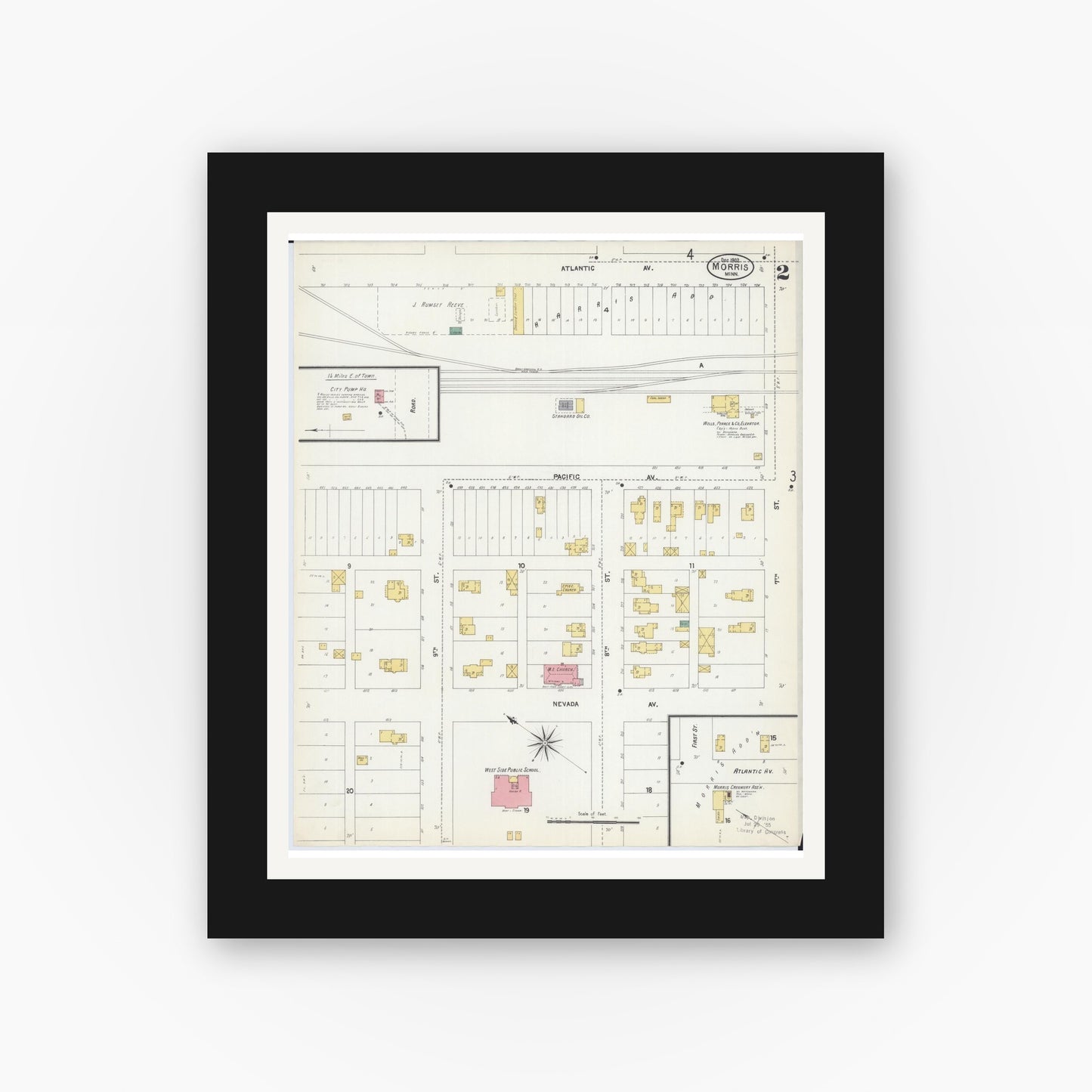 Old map wall art mockup — black gallery frame with white mat — Sanborn Fire Insurance Map from Morris, Stevens County, Minnesota (1902), Sheet #0002