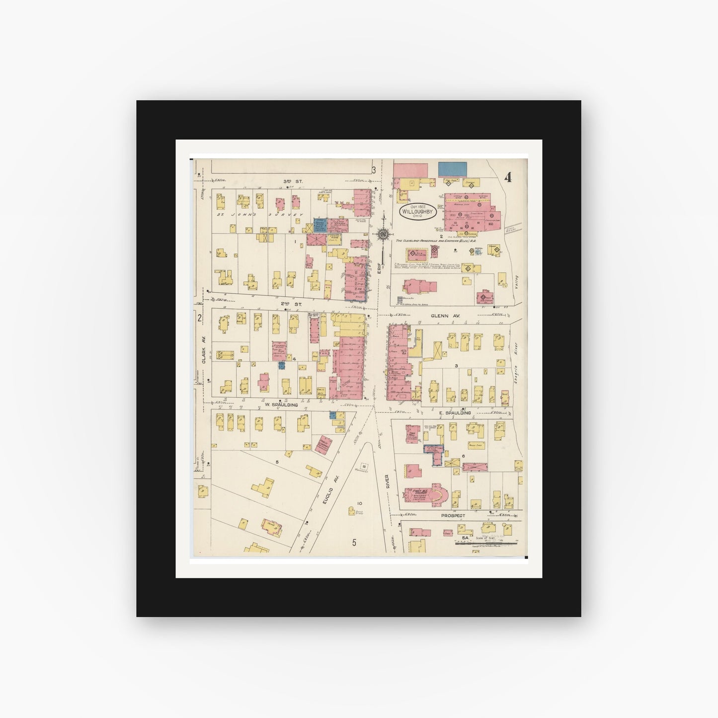 Old map wall art mockup — black gallery frame with white mat — Sanborn Fire Insurance Map from Willoughby, Lake County, Ohio (1922), Sheet #0004