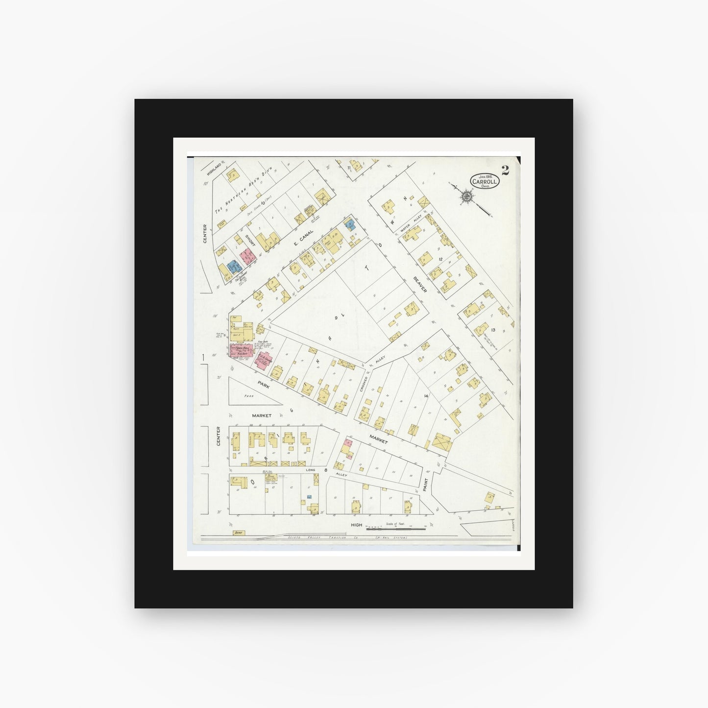 Old map wall art mockup — black gallery frame with white mat — Sanborn Fire Insurance Map from Carroll, Fairfield County, Ohio (1916), Sheet #0002