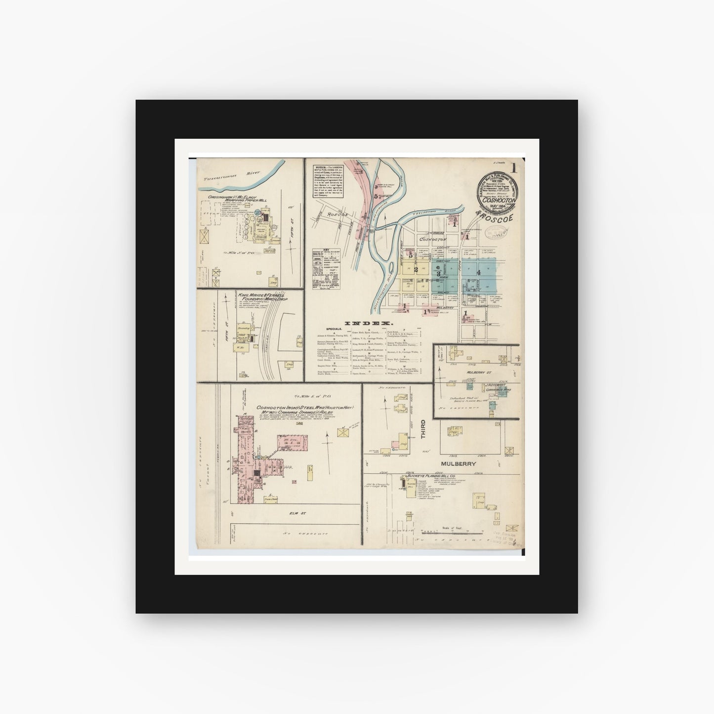 Old map wall art mockup — black gallery frame with white mat — Sanborn Fire Insurance Map from Coshocton, Coshocton County, Ohio (1884) - Complete Map Set