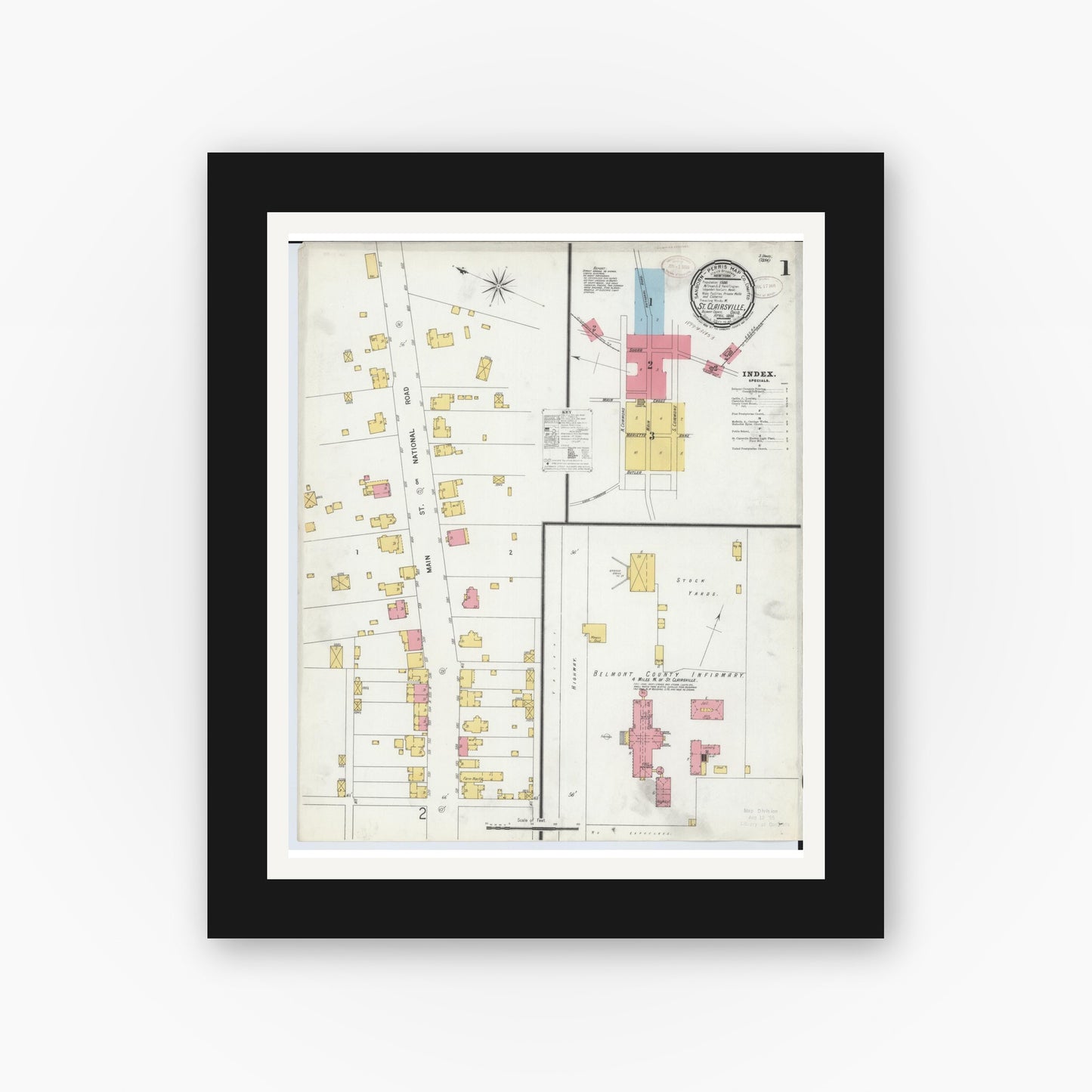 Old map wall art mockup β black gallery frame with white mat β Sanborn Fire Insurance Map from Saint Clairsville, Belmont County, Ohio (1899) - Complete Map Set