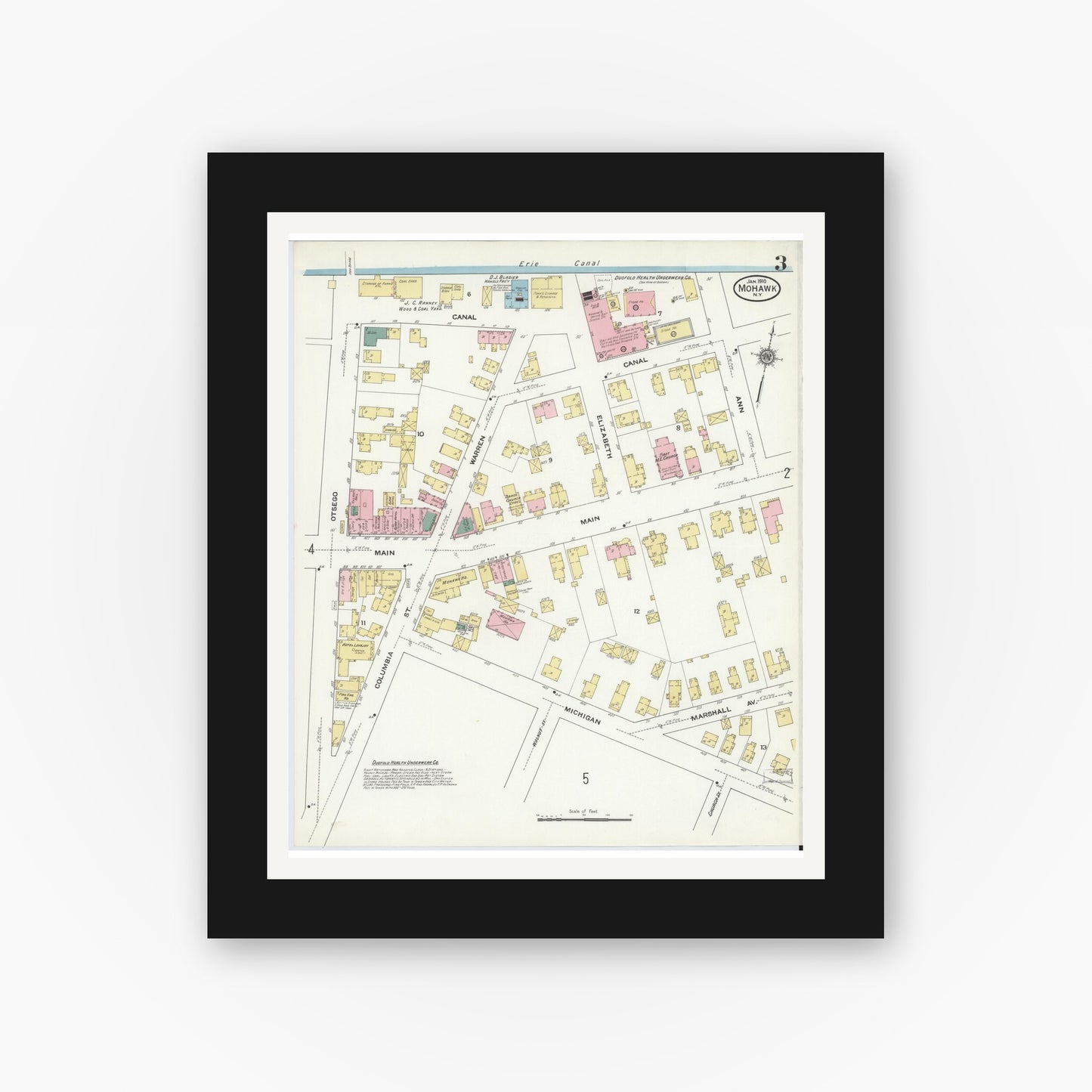 Old map wall art mockup — black gallery frame with white mat — Sanborn Fire Insurance Map from Mohawk, Herkimer County, New York (1910), Sheet #0003