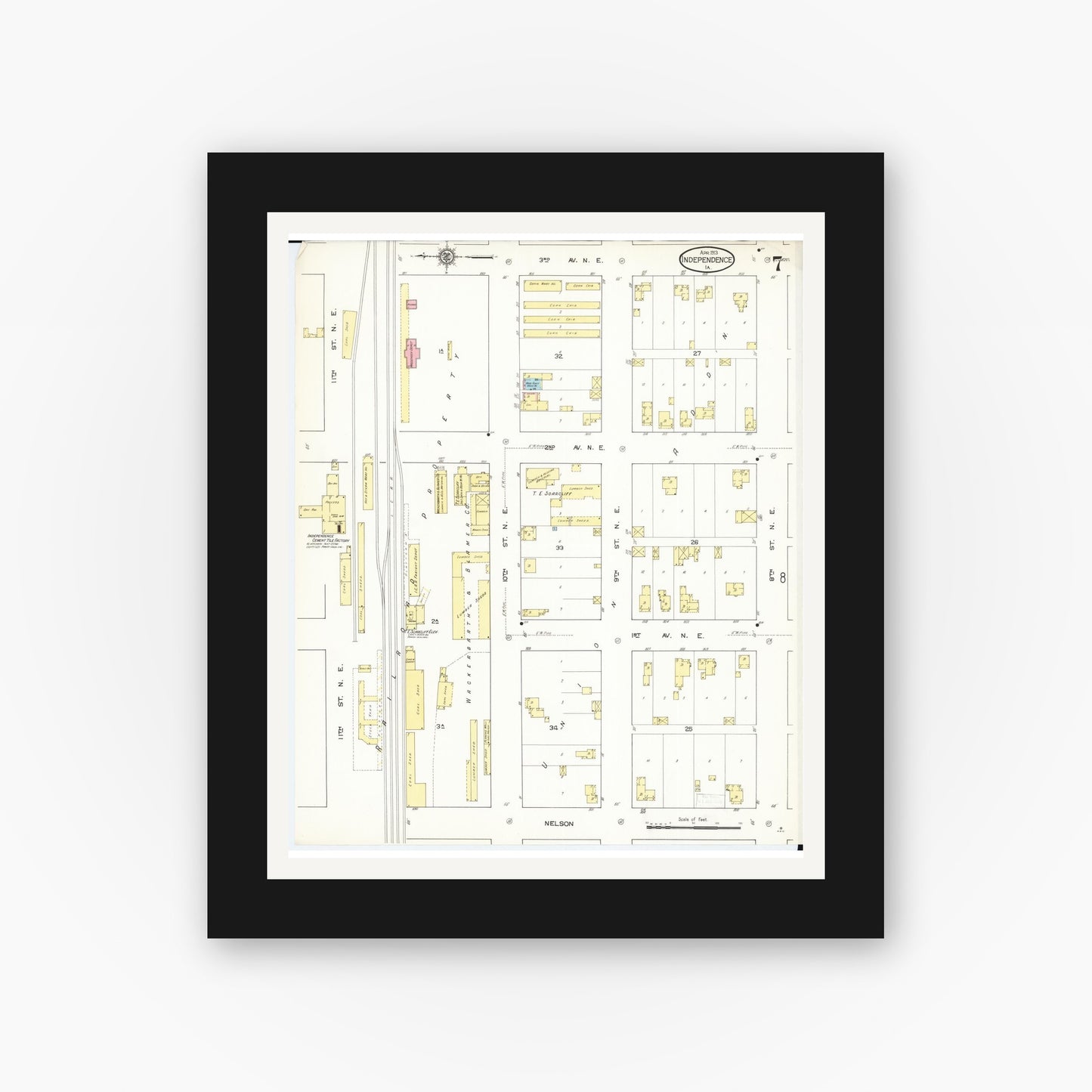 Old map wall art mockup — black gallery frame with white mat — Sanborn Fire Insurance Map from Independence, Buchanan County, Iowa (1913), Sheet #0007