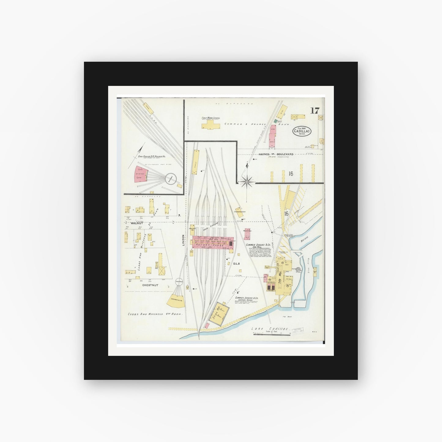Old map wall art mockup — black gallery frame with white mat — Sanborn Fire Insurance Map from Cadillac, Wexford County, Michigan (1906), Sheet #0017