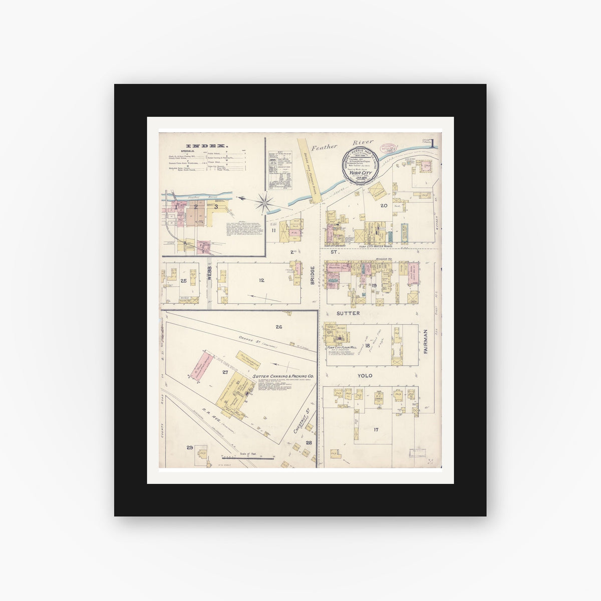Old map wall art mockup — black gallery frame with white mat — Sanborn Fire Insurance Map from Yuba City, Sutter County, California (1890) - Complete Map Set