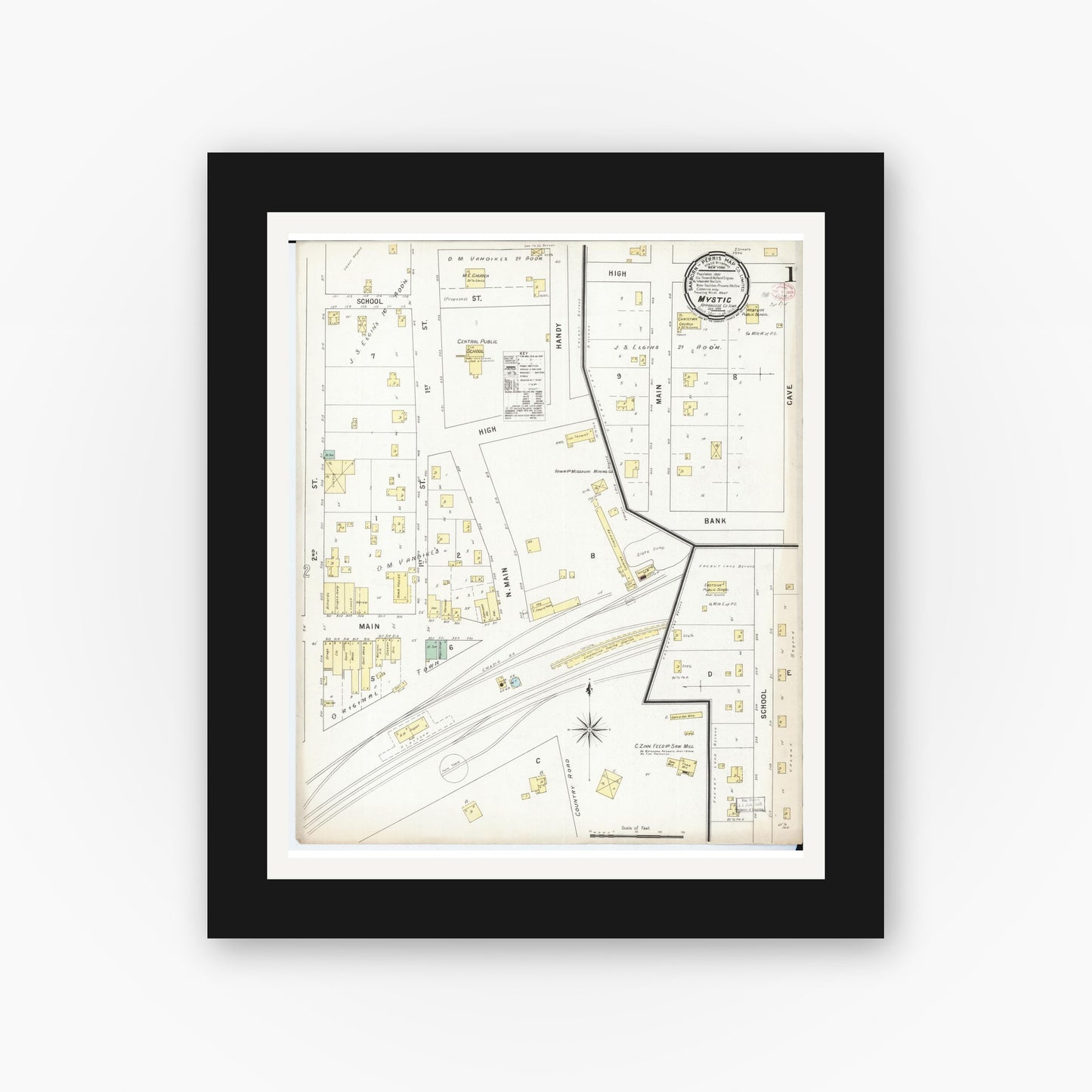 Old map wall art mockup β black gallery frame with white mat β Sanborn Fire Insurance Map from Mystic, Appanoose County, Iowa (1895), Sheet #0001