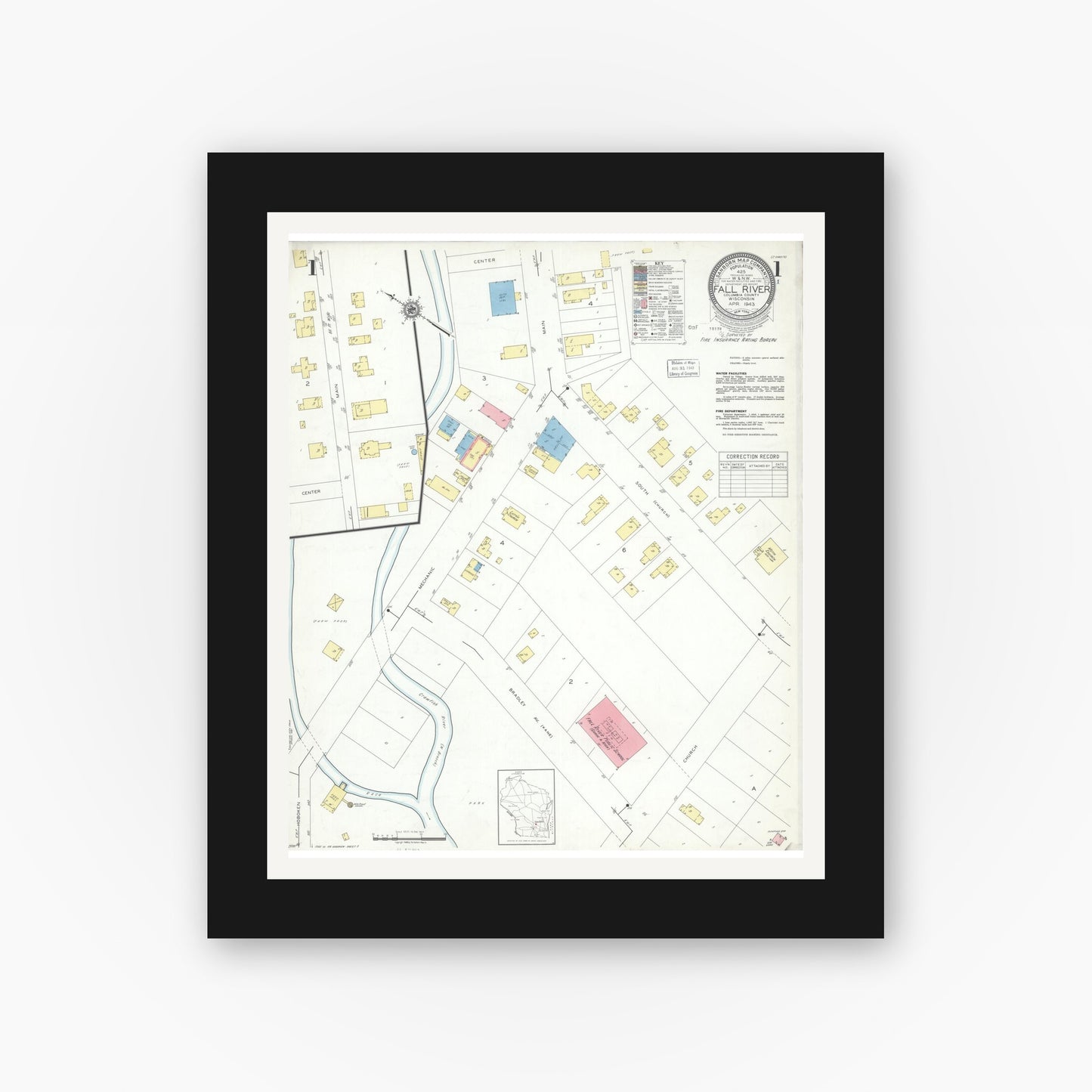 Old map wall art mockup — black gallery frame with white mat — Sanborn Fire Insurance Map from Fall River, Columbia County, Wisconsin (1943) - Complete Map Set