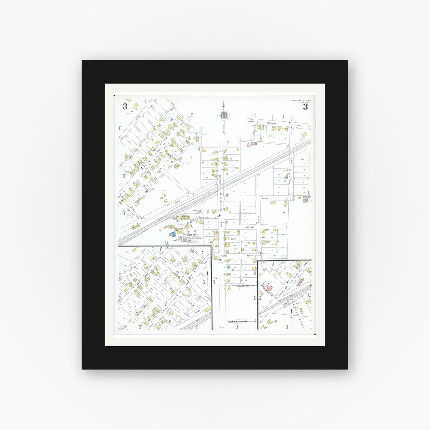 Old map wall art mockup — black gallery frame with white mat — Sanborn Fire Insurance Map from West Salem, Wayne County, Ohio (1951), Sheet #0003