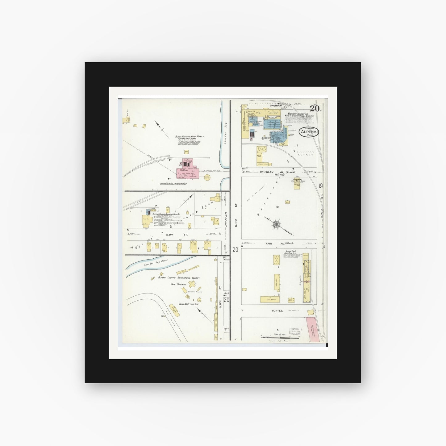 Old map wall art mockup — black gallery frame with white mat — Sanborn Fire Insurance Map from Alpena, Alpena County, Michigan (1910), Sheet #0020