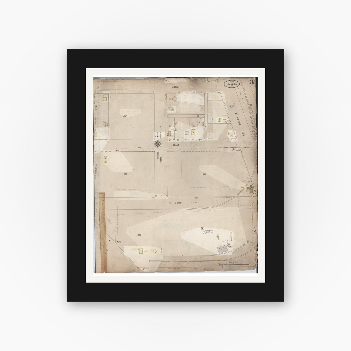 Old map wall art mockup — black gallery frame with white mat — Sanborn Fire Insurance Map from Calexico, Imperial County, California (1956), Sheet #0003