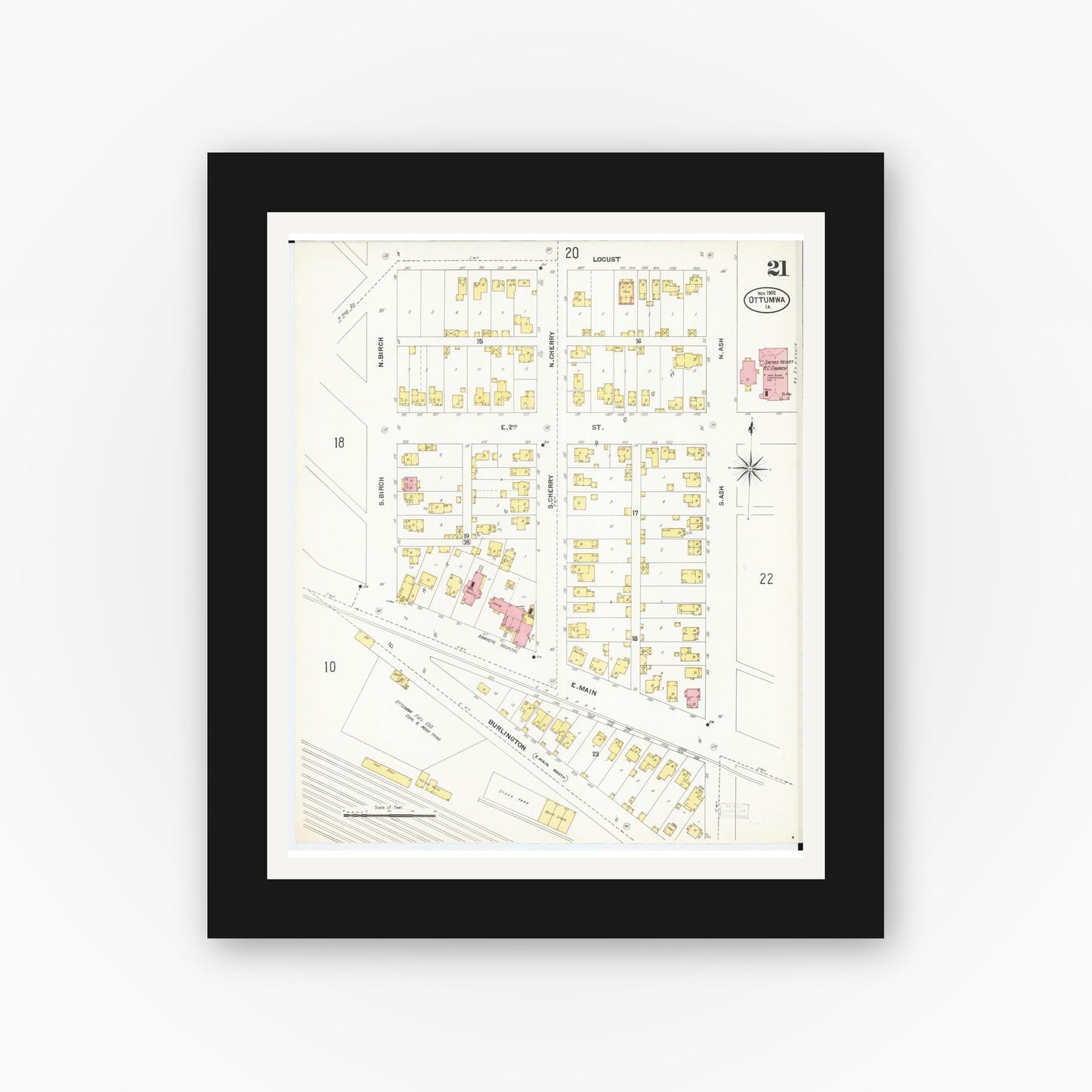 Old map wall art mockup β black gallery frame with white mat β Sanborn Fire Insurance Map from Ottumwa, Wapello County, Iowa (1902), Sheet #0021