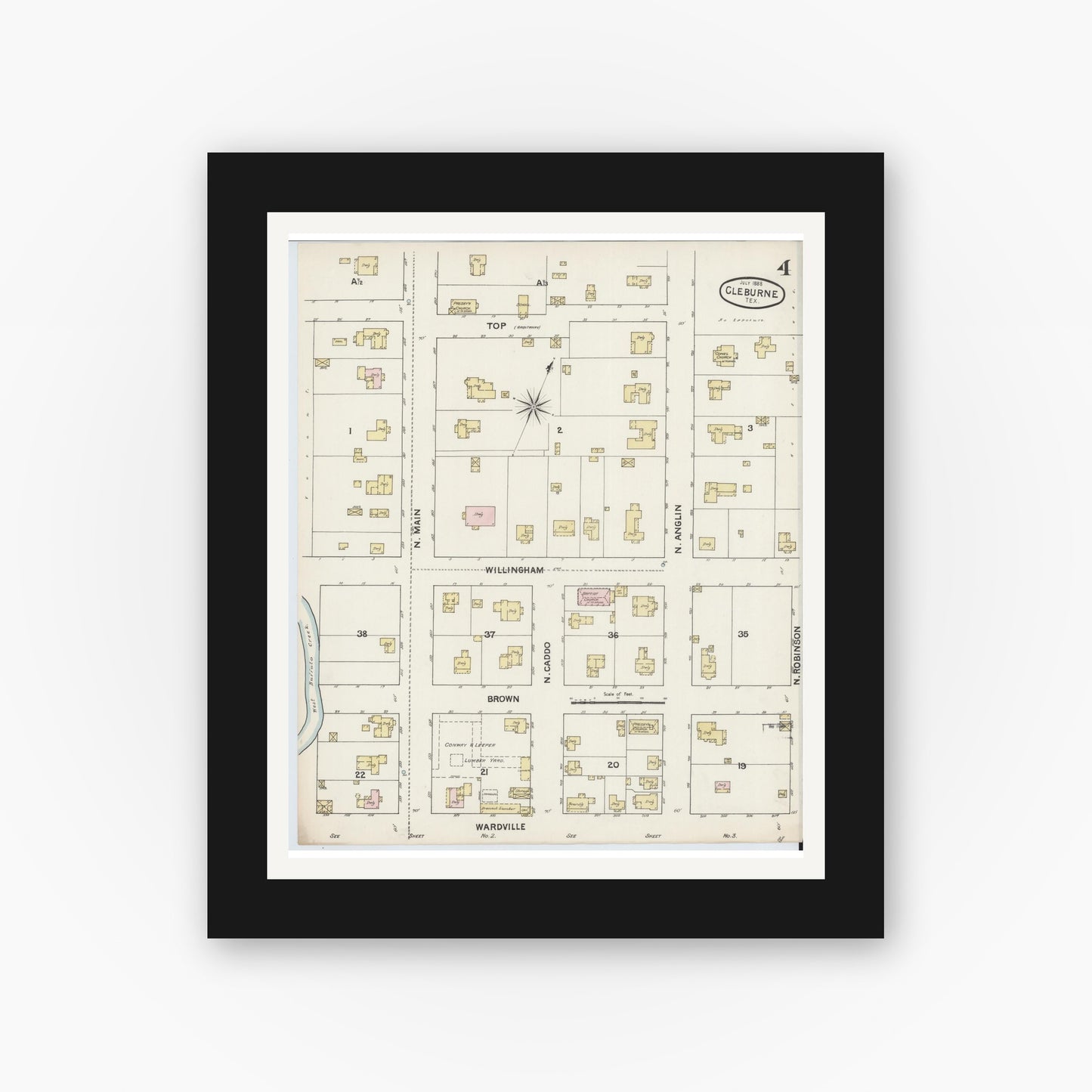 Old map wall art mockup — black gallery frame with white mat — Sanborn Fire Insurance Map from Cleburne, Johnson County, Texas (1888), Sheet #0004