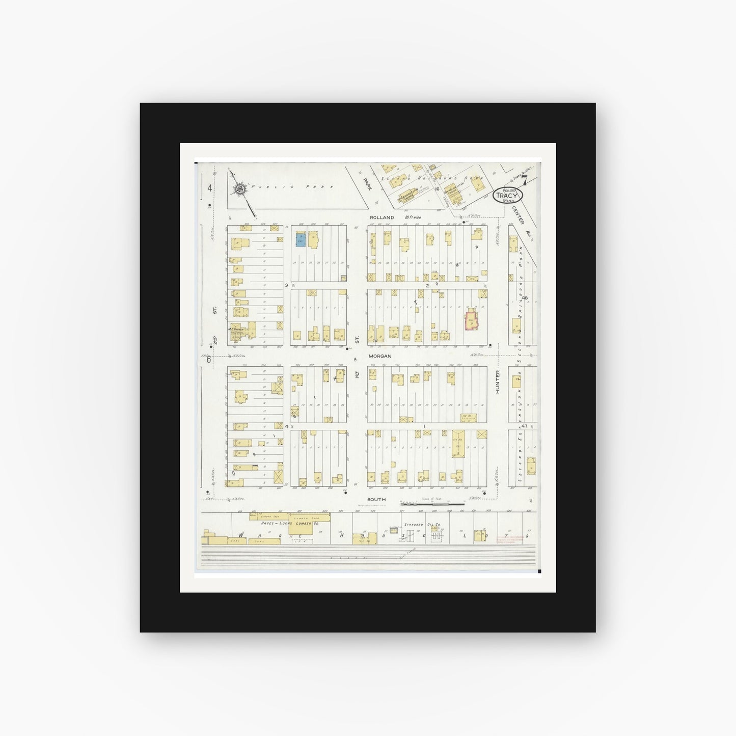Old map wall art mockup — black gallery frame with white mat — Sanborn Fire Insurance Map from Tracy, Lyon County, Minnesota (1917), Sheet #0007