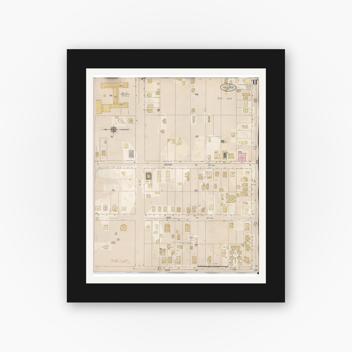 Old map wall art mockup — black gallery frame with white mat — Sanborn Fire Insurance Map from Calexico, Imperial County, California (1949), Sheet #0011
