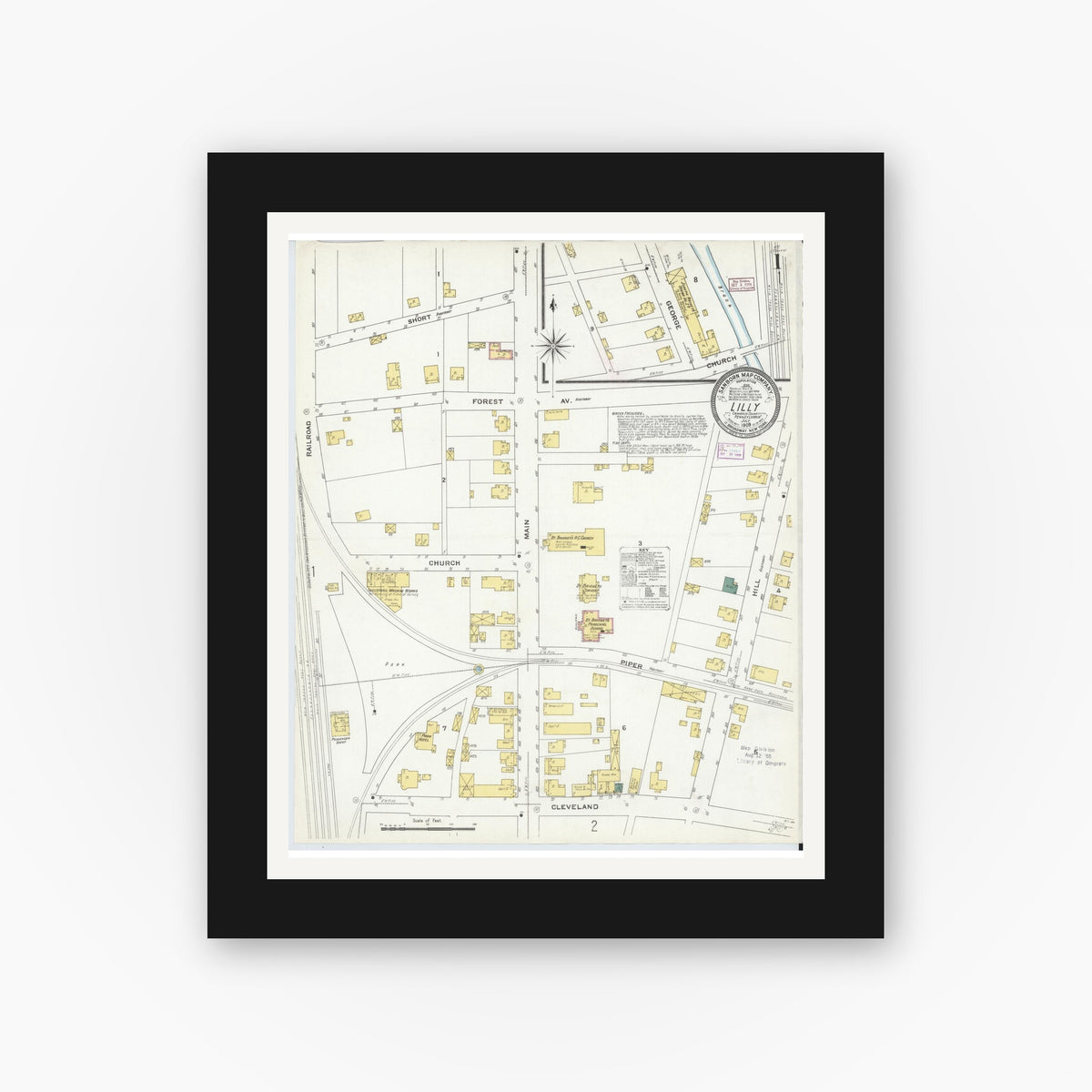 Old map wall art mockup β black gallery frame with white mat β Sanborn Fire Insurance Map from Lilly, Cambria County, Pennsylvania (1909), Sheet #0001
