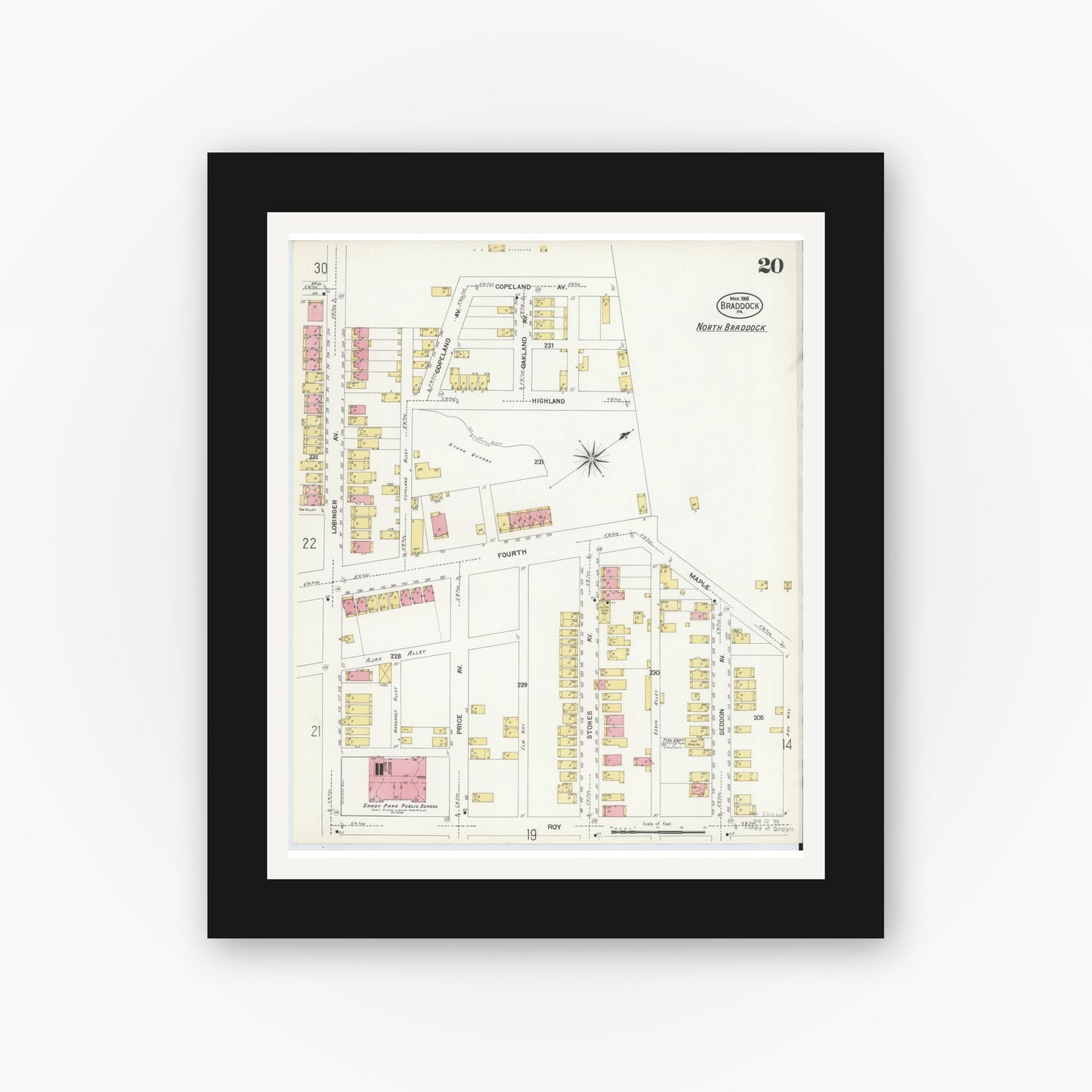Old map wall art mockup — black gallery frame with white mat — Sanborn Fire Insurance Map from Braddock, Allegheny County, Pennsylvania (1908), Sheet #0020