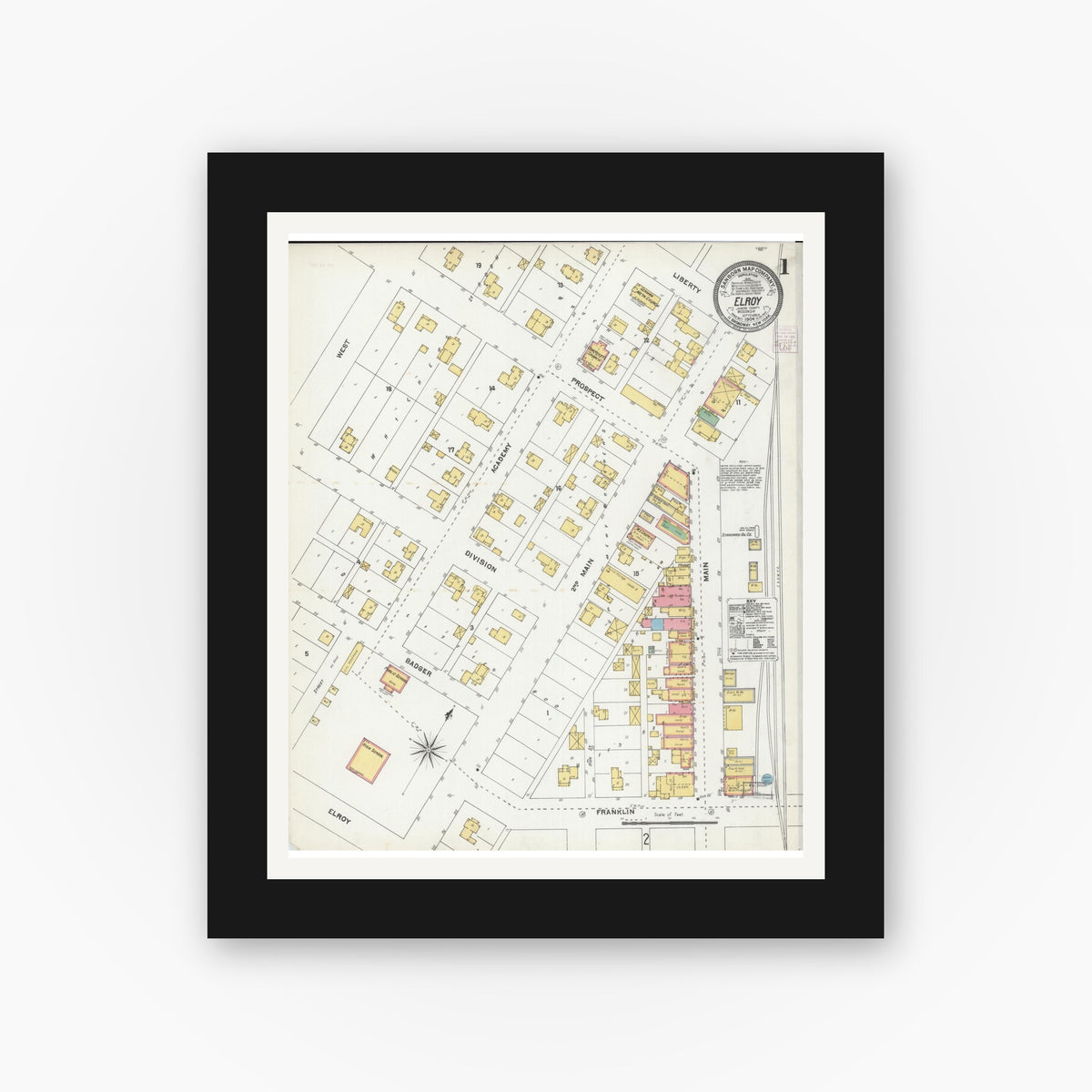 Old map wall art mockup — black gallery frame with white mat — Sanborn Fire Insurance Map from Elroy, Juneau County, Wisconsin (1904) - Complete Map Set