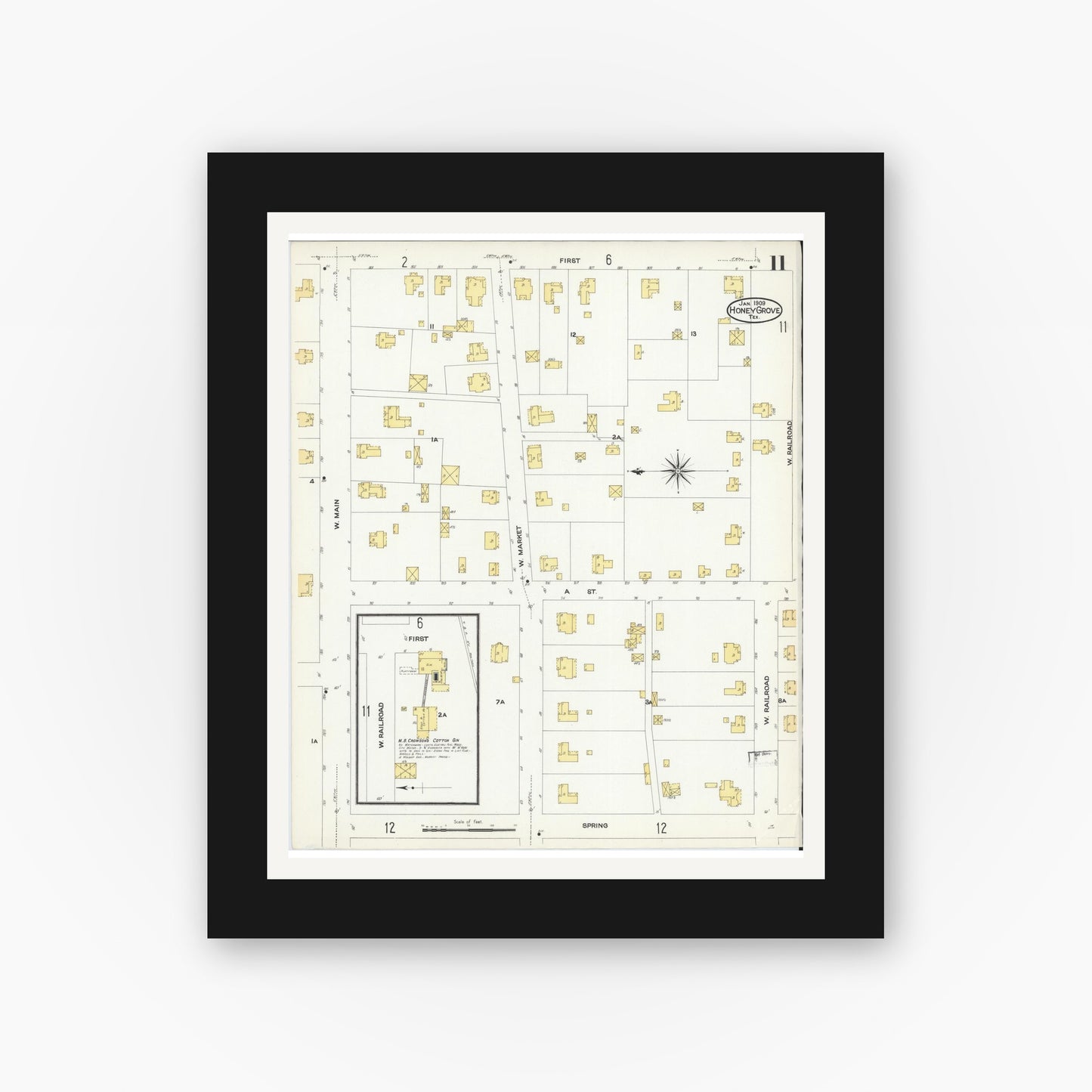 Old map wall art mockup — black gallery frame with white mat — Sanborn Fire Insurance Map from Honey Grove, Fannin County, Texas (1909), Sheet #0011