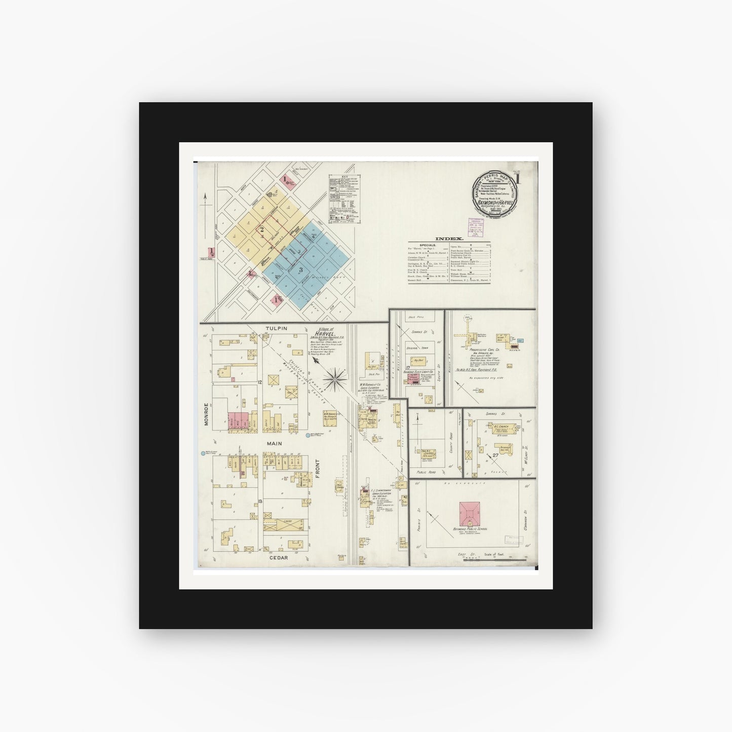 Old map wall art mockup — black gallery frame with white mat — Sanborn Fire Insurance Map from Raymond, Montgomery County, Illinois (1901) - Complete Map Set