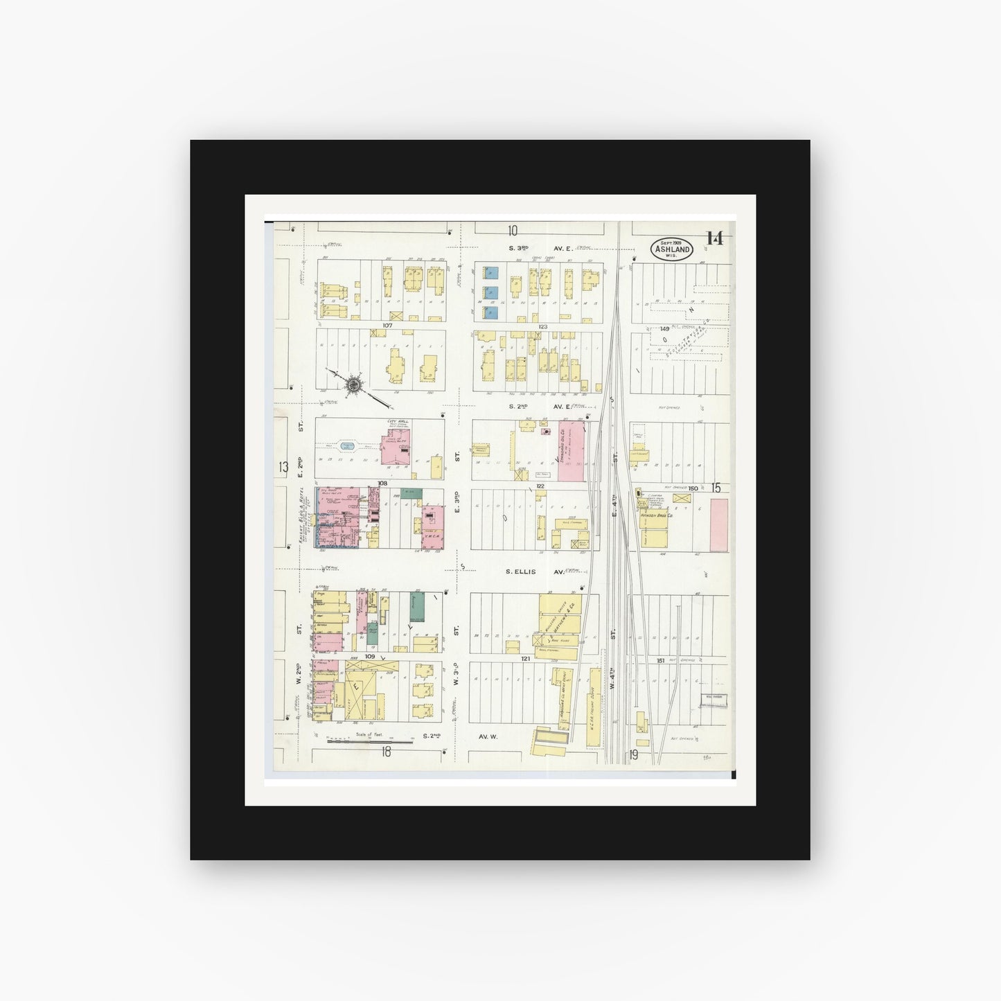 Old map wall art mockup — black gallery frame with white mat — Sanborn Fire Insurance Map from Ashland, Ashland County, Wisconsin (1909), Sheet #0014
