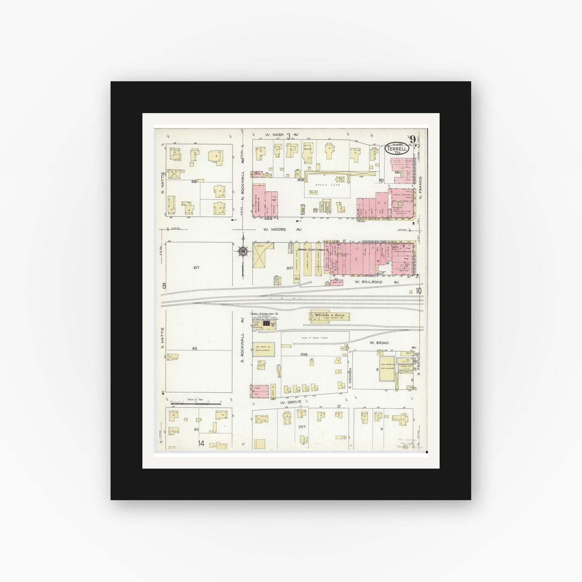 Old map wall art mockup — black gallery frame with white mat — Sanborn Fire Insurance Map from Terrell, Kaufman County, Texas (1914), Sheet #0009