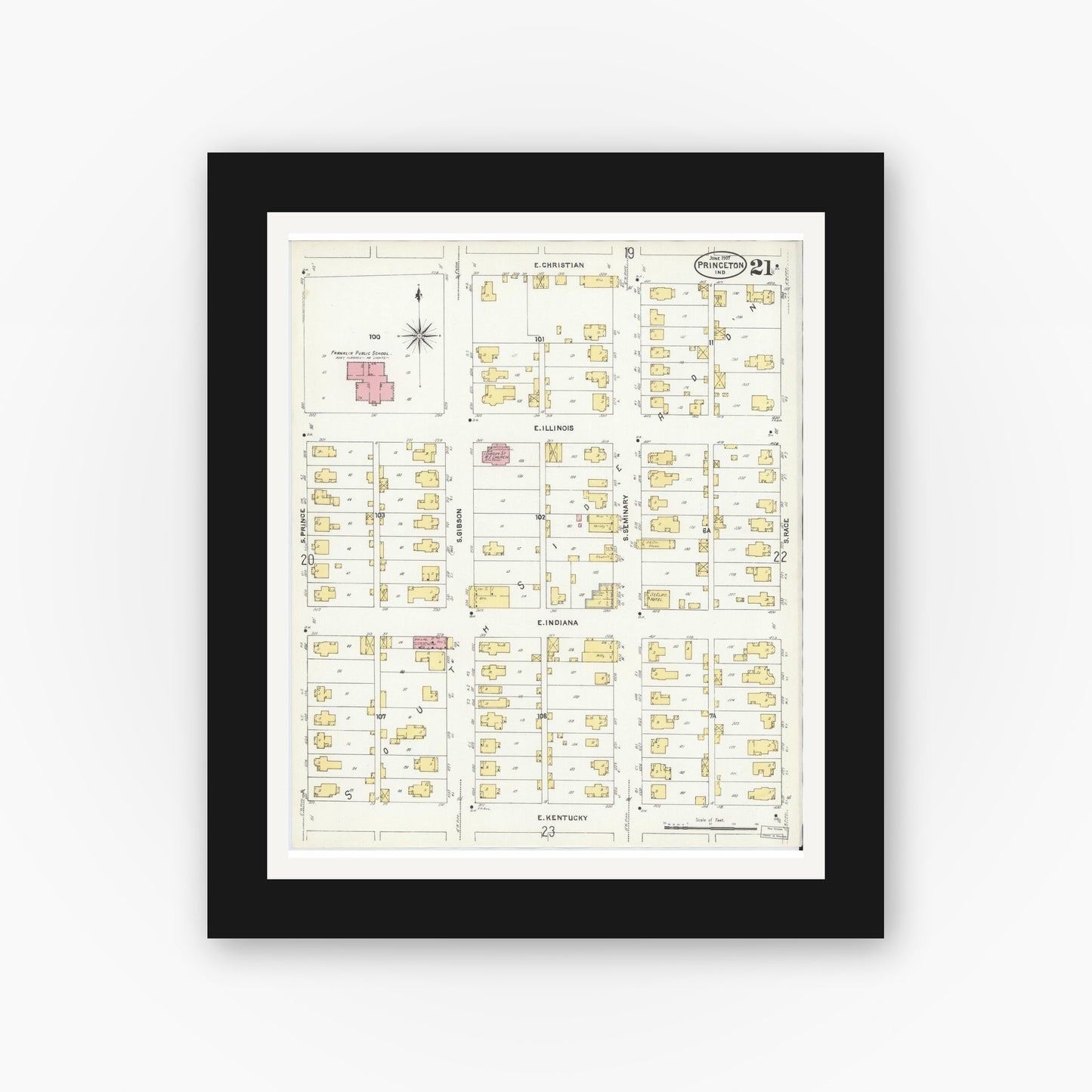 Old map wall art mockup — black gallery frame with white mat — Sanborn Fire Insurance Map from Princeton, Gibson County, Indiana (1907), Sheet #0021