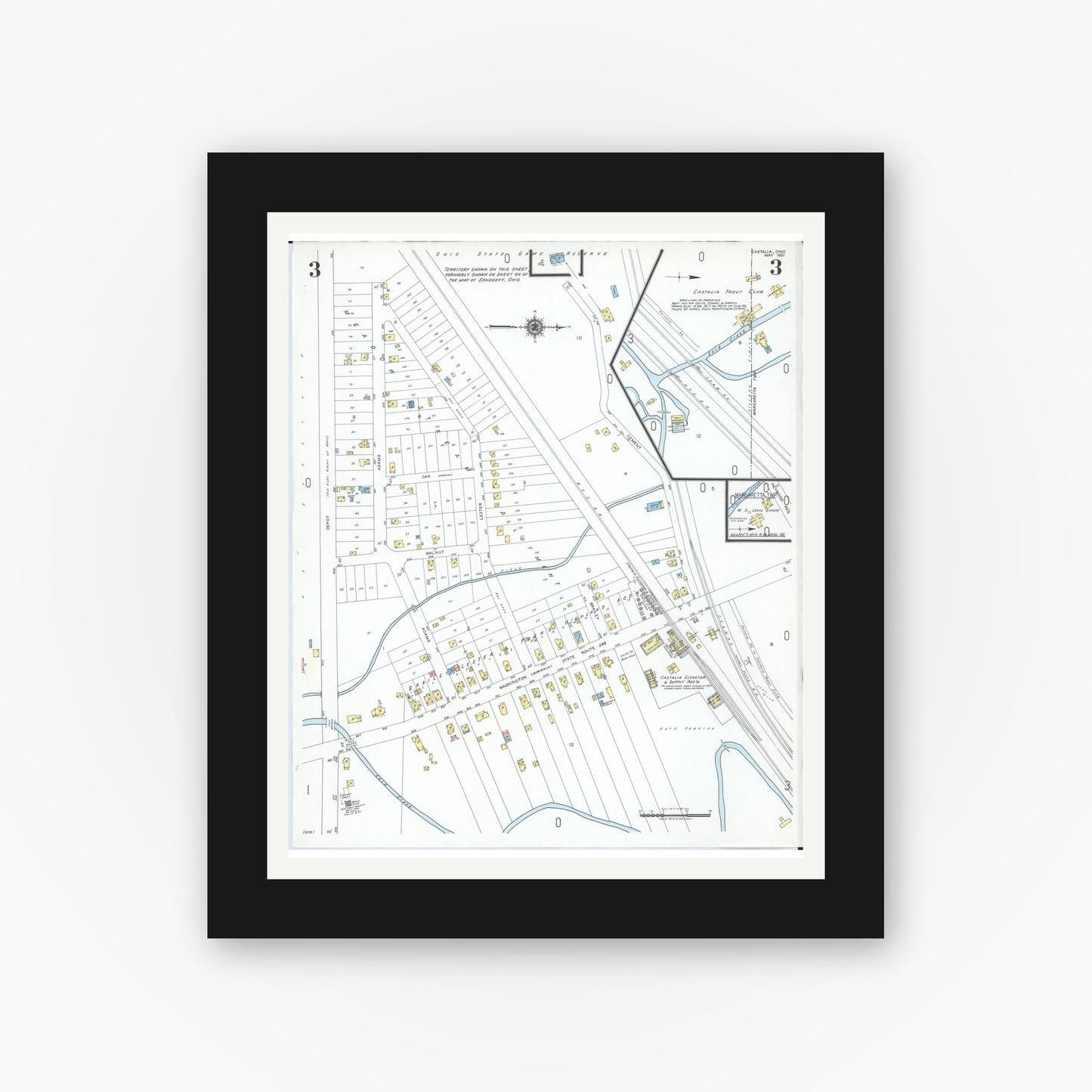 Old map wall art mockup — black gallery frame with white mat — Sanborn Fire Insurance Map from Castalia, Erie County, Ohio (1951), Sheet #0003