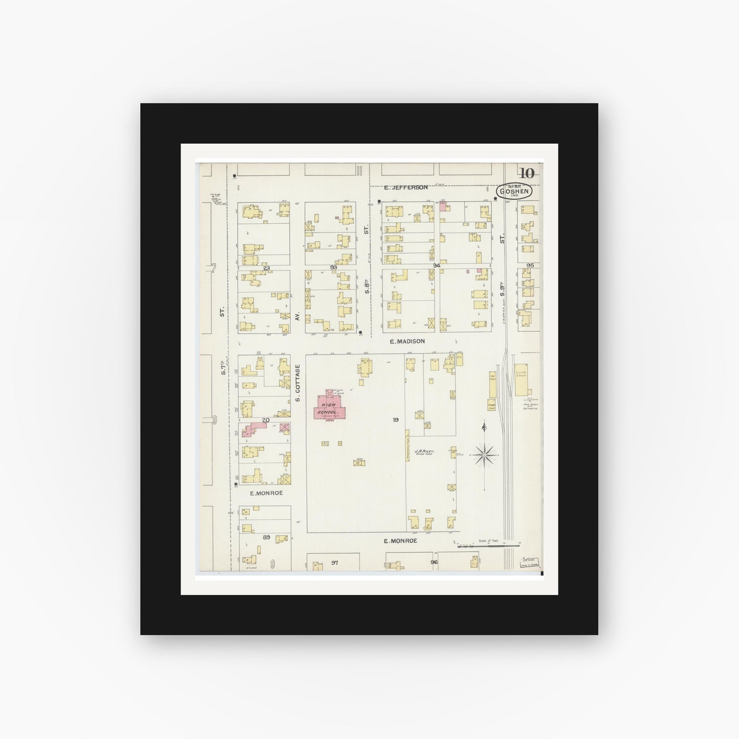 Old map wall art mockup — black gallery frame with white mat — Sanborn Fire Insurance Map from Goshen, Elkhart County, Indiana (1892), Sheet #0010
