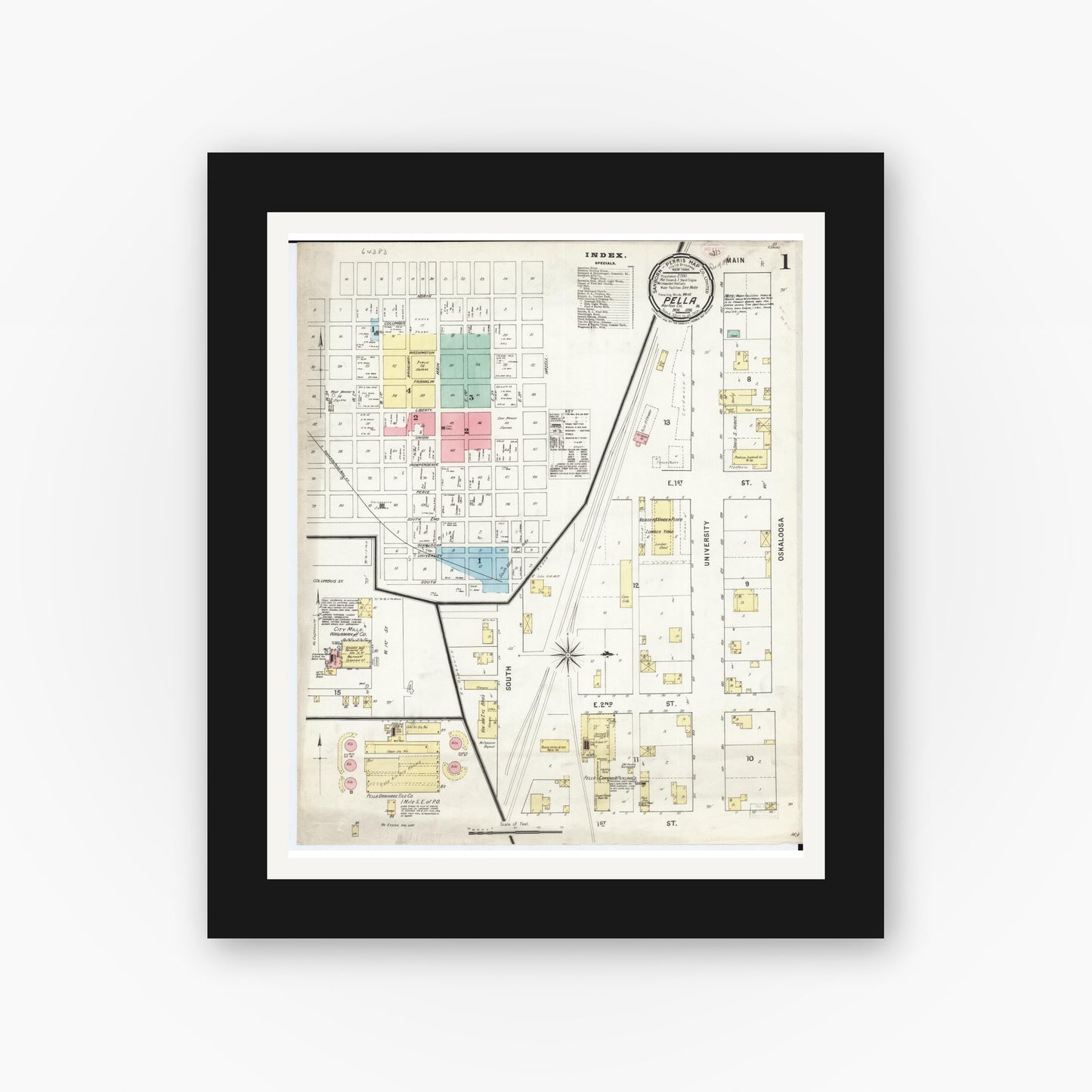 Old map wall art mockup β black gallery frame with white mat β Sanborn Fire Insurance Map from Pella, Marion County, Iowa (1895), Sheet #0001