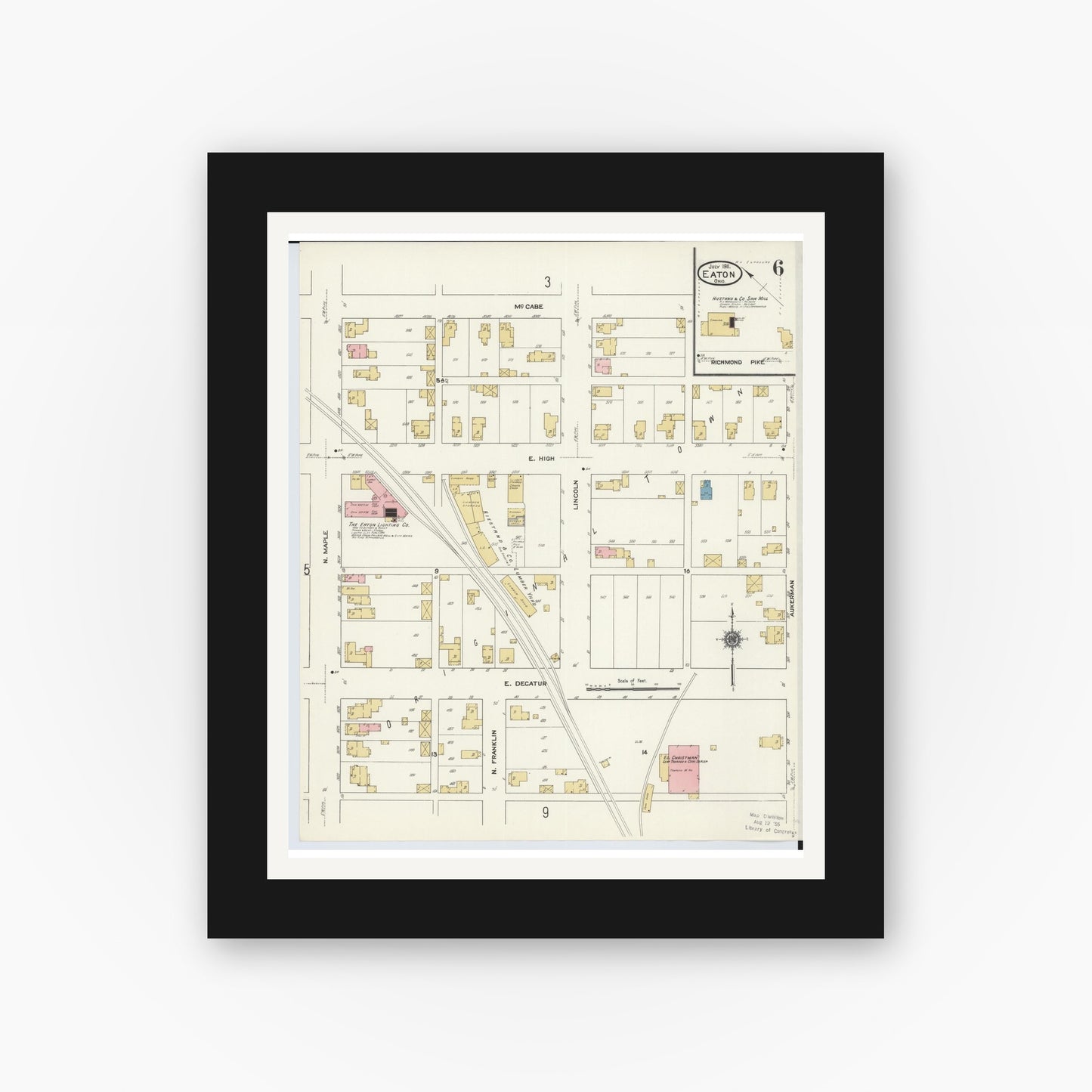 Old map wall art mockup — black gallery frame with white mat — Sanborn Fire Insurance Map from Eaton, Preble County, Ohio (1911), Sheet #0006