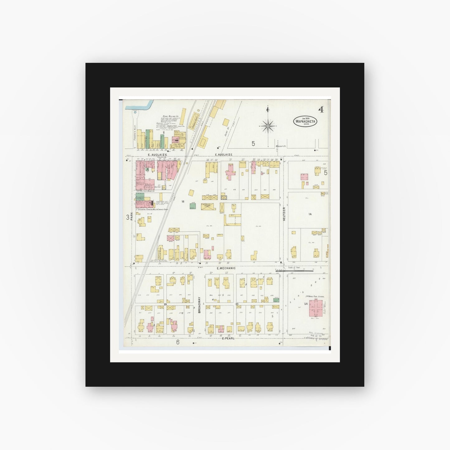 Old map wall art mockup — black gallery frame with white mat — Sanborn Fire Insurance Map from Wapakoneta, Auglaize County, Ohio (1899), Sheet #0004