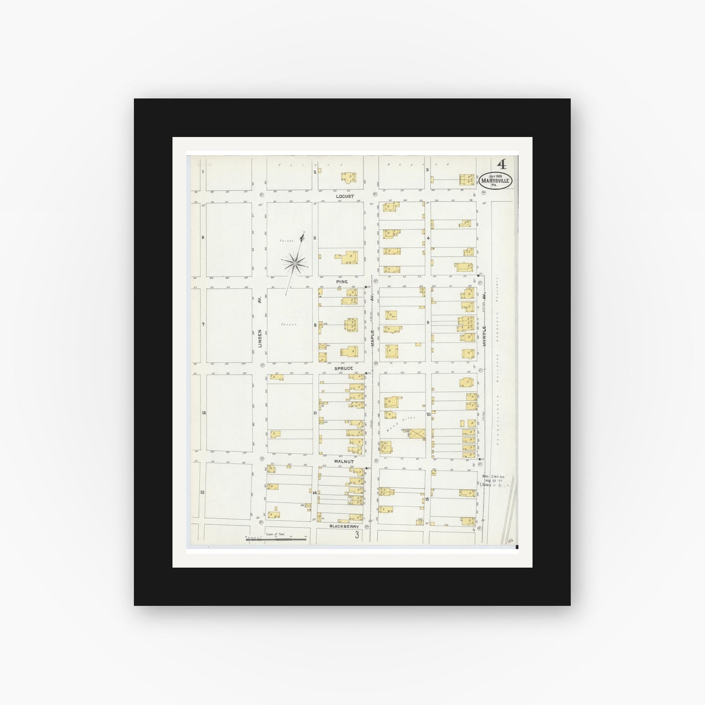 Old map wall art mockup — black gallery frame with white mat — Sanborn Fire Insurance Map from Marysville, Perry County, Pennsylvania (1905), Sheet #0004