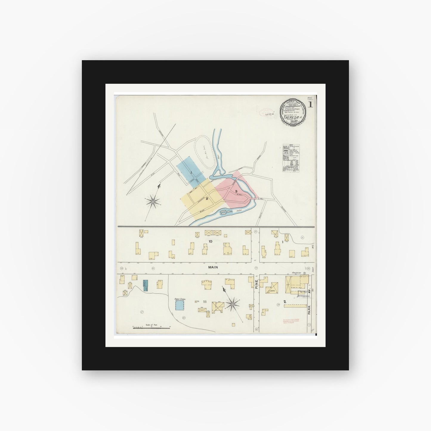 Old map wall art mockup — black gallery frame with white mat — Sanborn Fire Insurance Map from Theresa, Jefferson County, New York (1891), Sheet #0001
