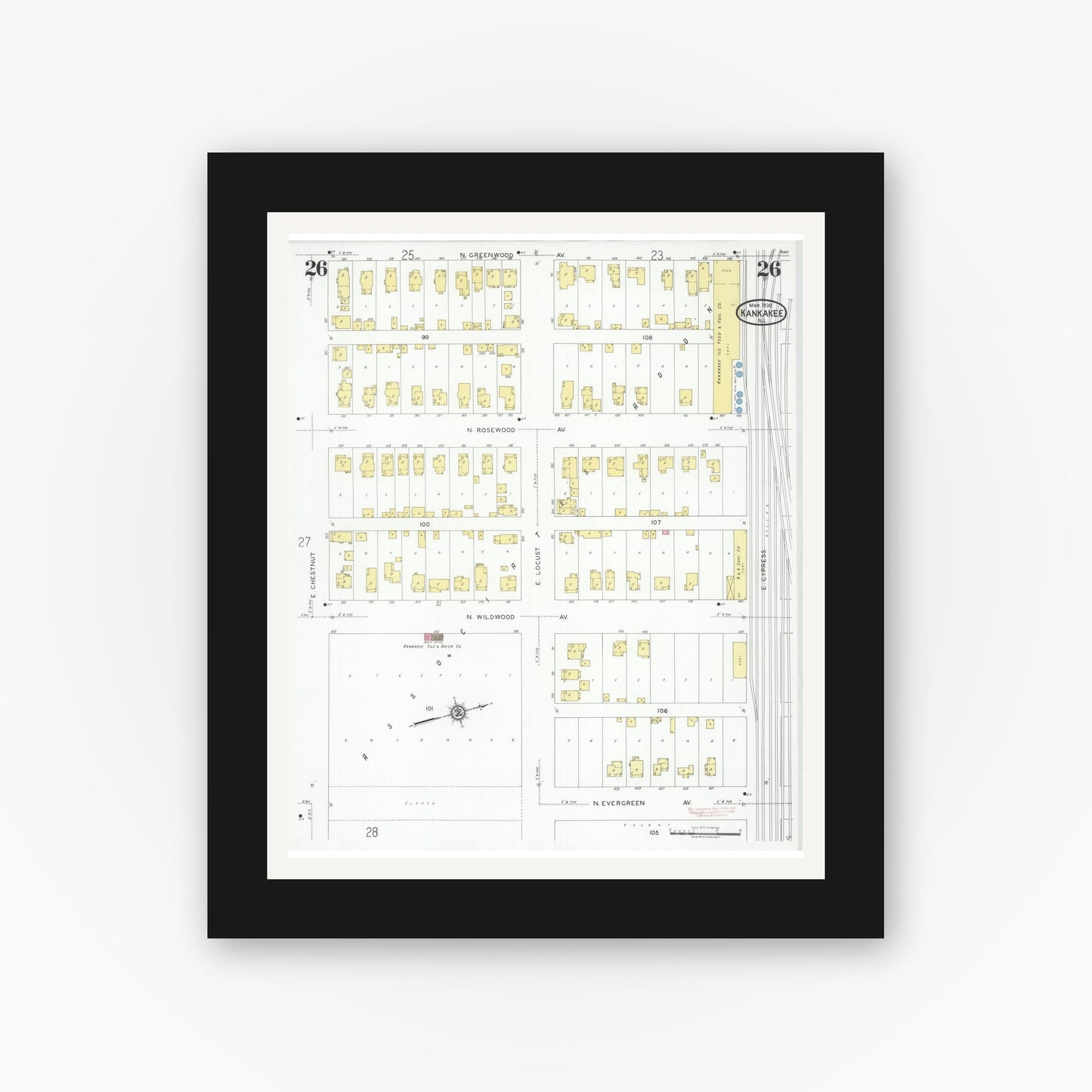 Old map wall art mockup — black gallery frame with white mat — Sanborn Fire Insurance Map from Kankakee, Kankakee County, Illinois (1930), Sheet #0026