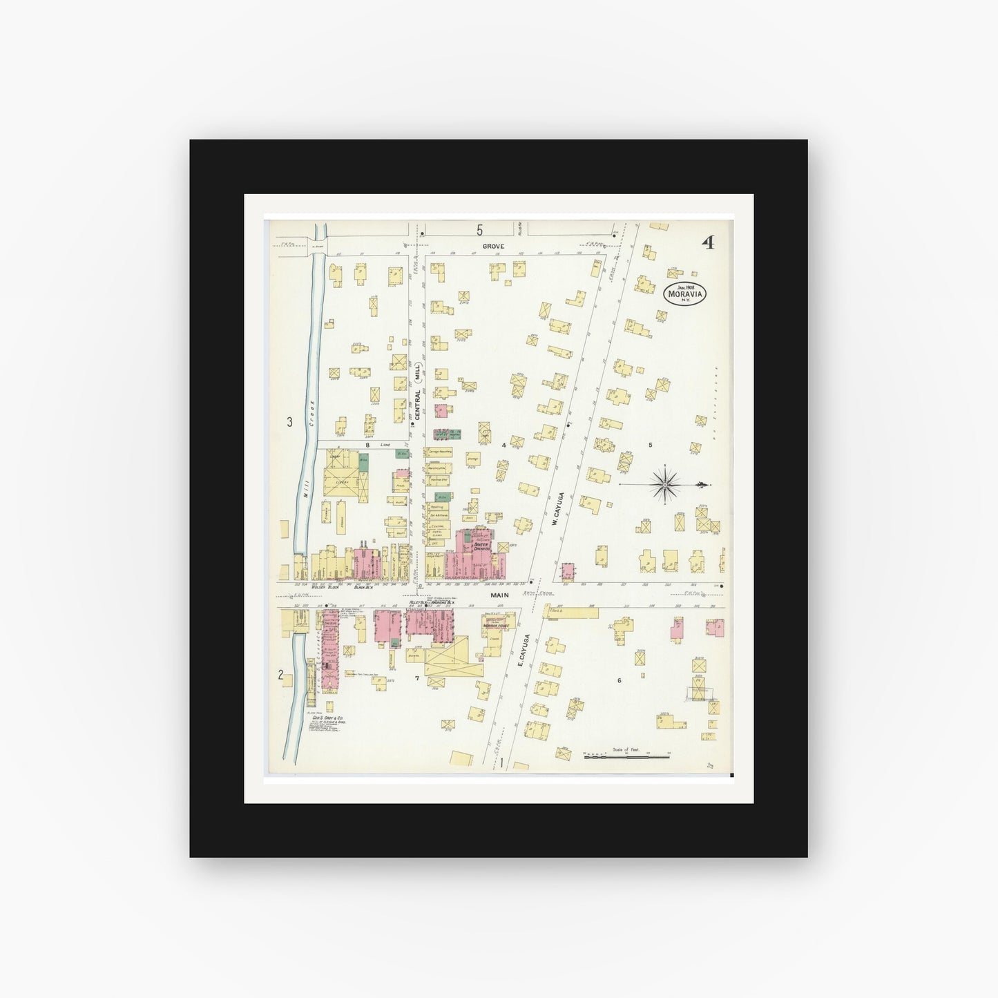 Old map wall art mockup — black gallery frame with white mat — Sanborn Fire Insurance Map from Moravia, Cayuga County, New York (1908), Sheet #0004