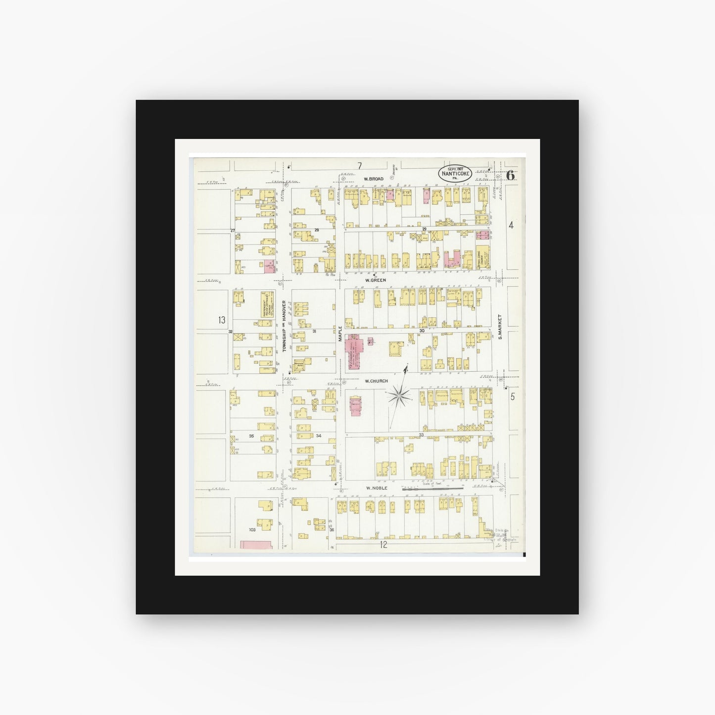 Old map wall art mockup — black gallery frame with white mat — Sanborn Fire Insurance Map from Nanticoke, Luzerne County, Pennsylvania (1907), Sheet #0006