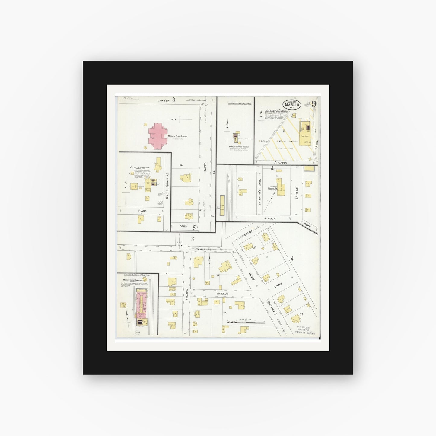 Old map wall art mockup — black gallery frame with white mat — Sanborn Fire Insurance Map from Marlin, Falls County, Texas (1909), Sheet #0009