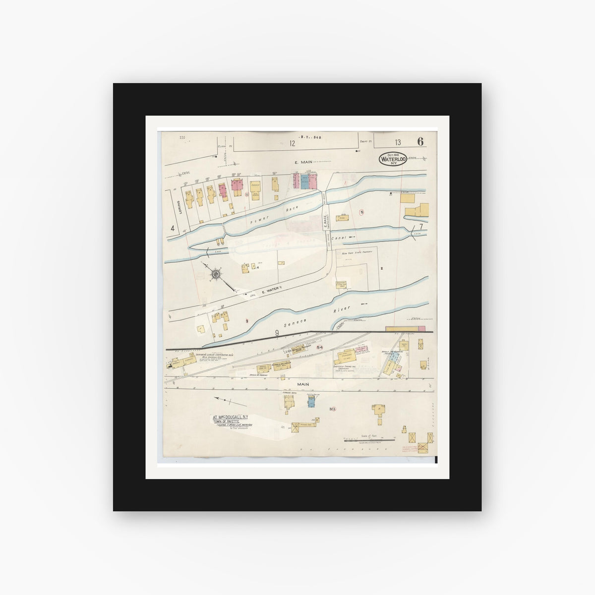 Old map wall art mockup — black gallery frame with white mat — Sanborn Fire Insurance Map from Waterloo, Seneca County, New York (1948), Sheet #0006