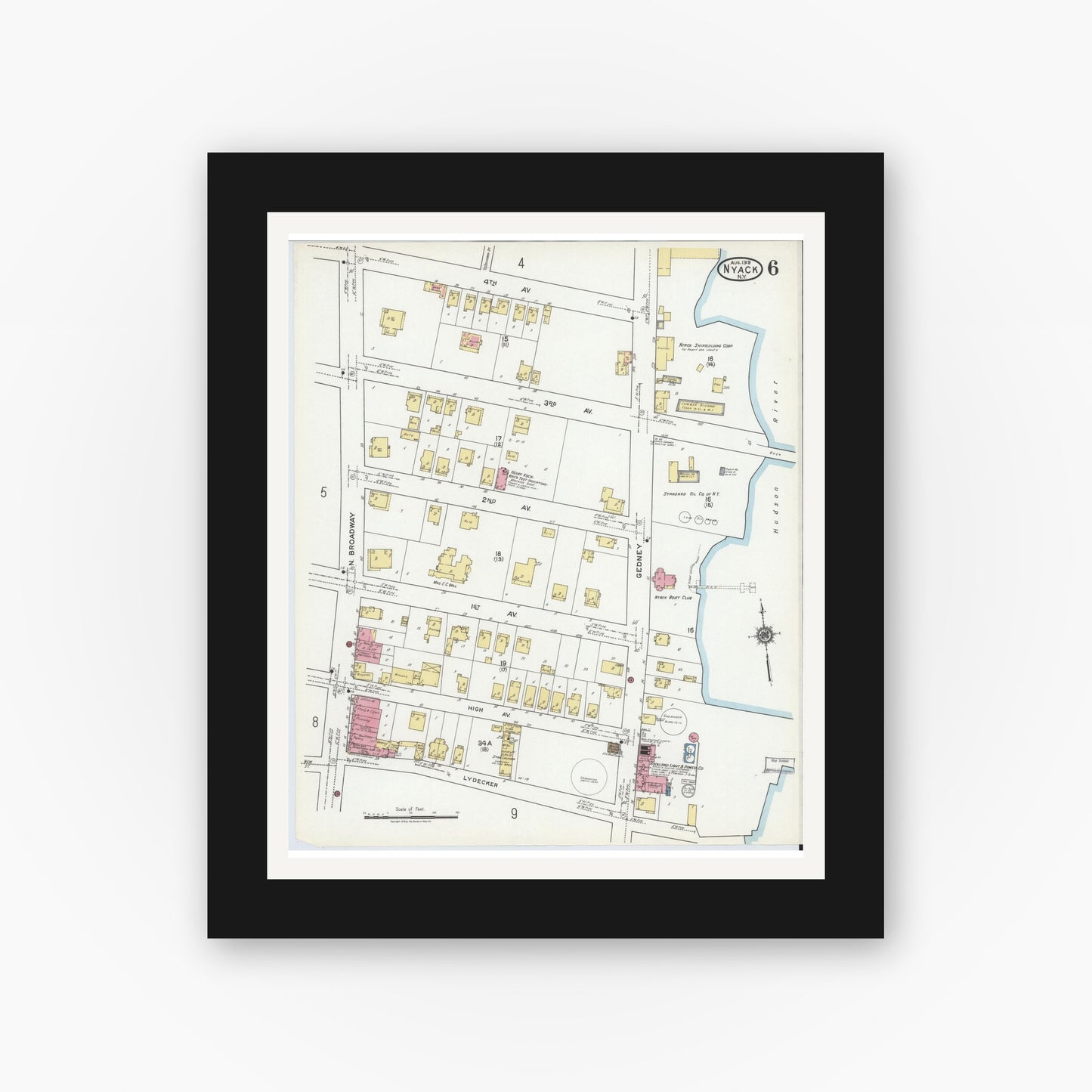 Old map wall art mockup — black gallery frame with white mat — Sanborn Fire Insurance Map from Nyack, Rockland County, New York. (1919), Sheet #0006