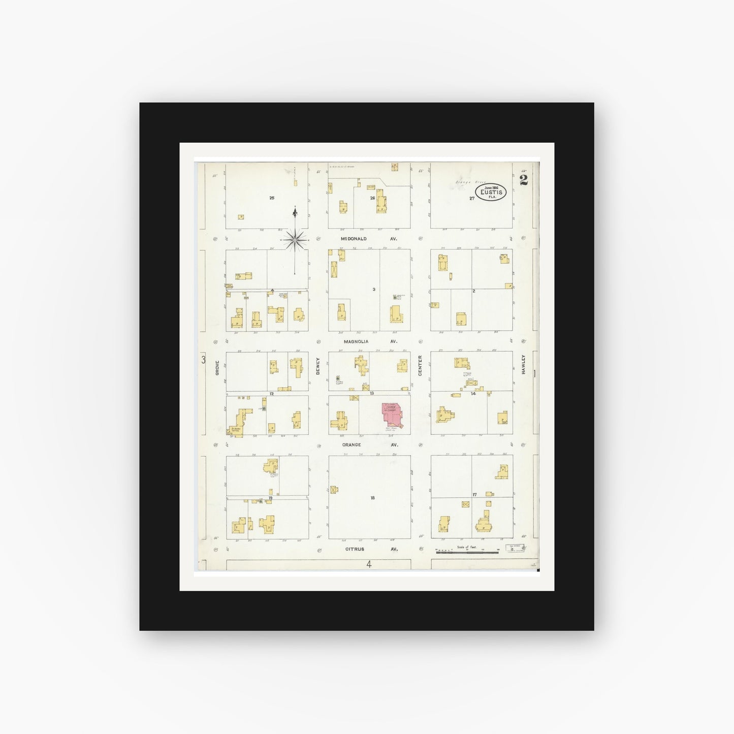 Old map wall art mockup — black gallery frame with white mat — Sanborn Fire Insurance Map from Eustis, Lake County, Florida (1906), Sheet #0002