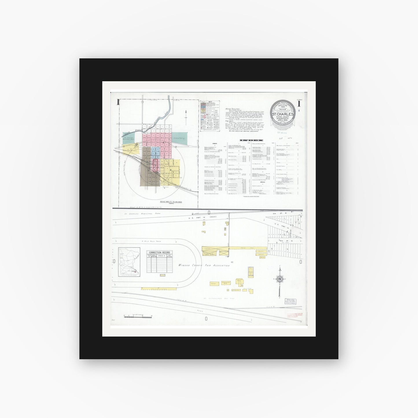 Old map wall art mockup — black gallery frame with white mat — Sanborn Fire Insurance Map from Saint Charles, Winona County, Minnesota (1949) - Complete Map Set