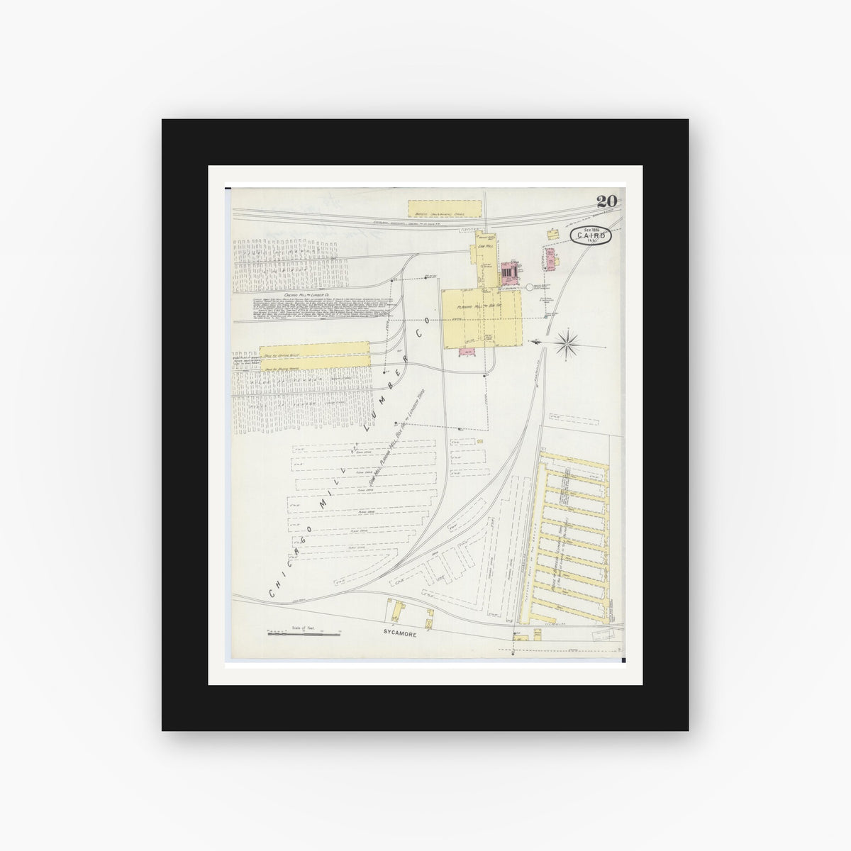 Old map wall art mockup — black gallery frame with white mat — Sanborn Fire Insurance Map from Cairo, Alexander County, Illinois (1896), Sheet #0020