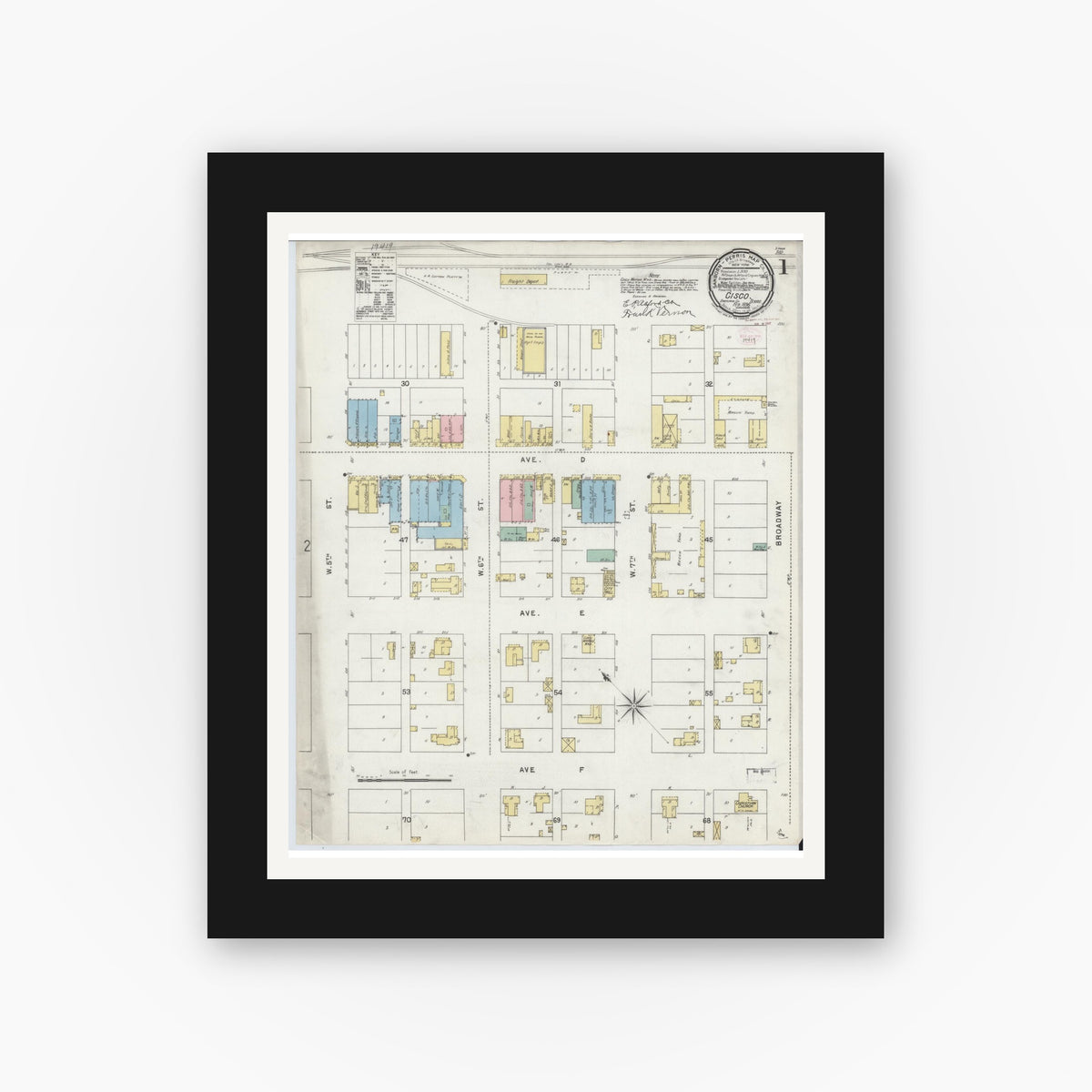 Old map wall art mockup — black gallery frame with white mat — Sanborn Fire Insurance Map from Cisco, Eastland County, Texas (1896) - Complete Map Set