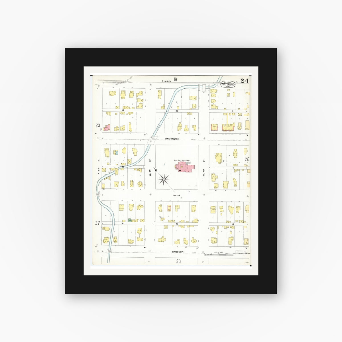 Old map wall art mockup — black gallery frame with white mat — Sanborn Fire Insurance Map from Waterloo, Black Hawk County, Iowa (1900), Sheet #0024