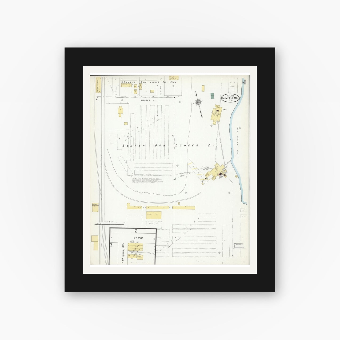 Old map wall art mockup — black gallery frame with white mat — Sanborn Fire Insurance Map from Cumberland, Barron County, Wisconsin (1909), Sheet #0004